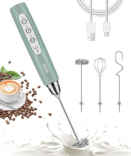 Nahida Handheld Milk Frother for Coffee, Rechargeable Electric Whisk with 3 Heads 3 Speeds Drink Mixer Foam Maker For Latte, Cappuccino, Hot Chocolate, Egg