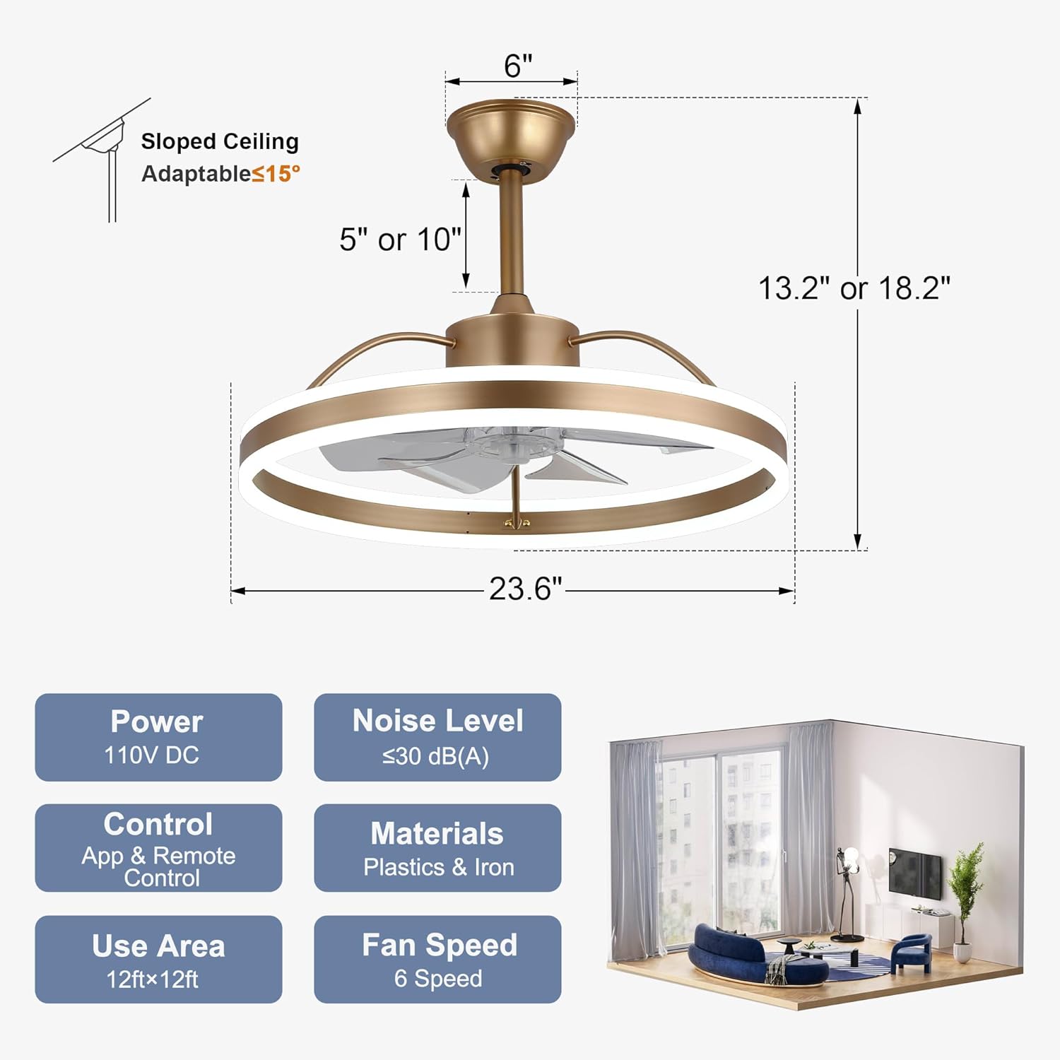 24 Inch Low Profile Ceiling Fans with Remote Control and APP,Modern Ceiling Fan with Lights,3 Light Color Change and 6 Speeds for Living Room,Dinning Room