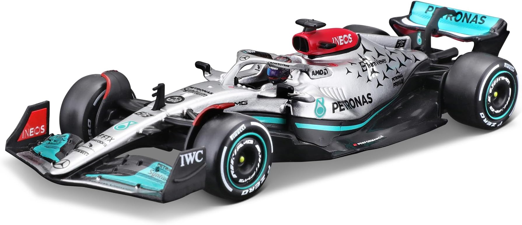 Bburago Mercedes AMG Petronas F1 Team W13 (2022): 1:43 Scale Model Car, #63 George Russell, with Driver, Hard Case, Silver (18-38066R)