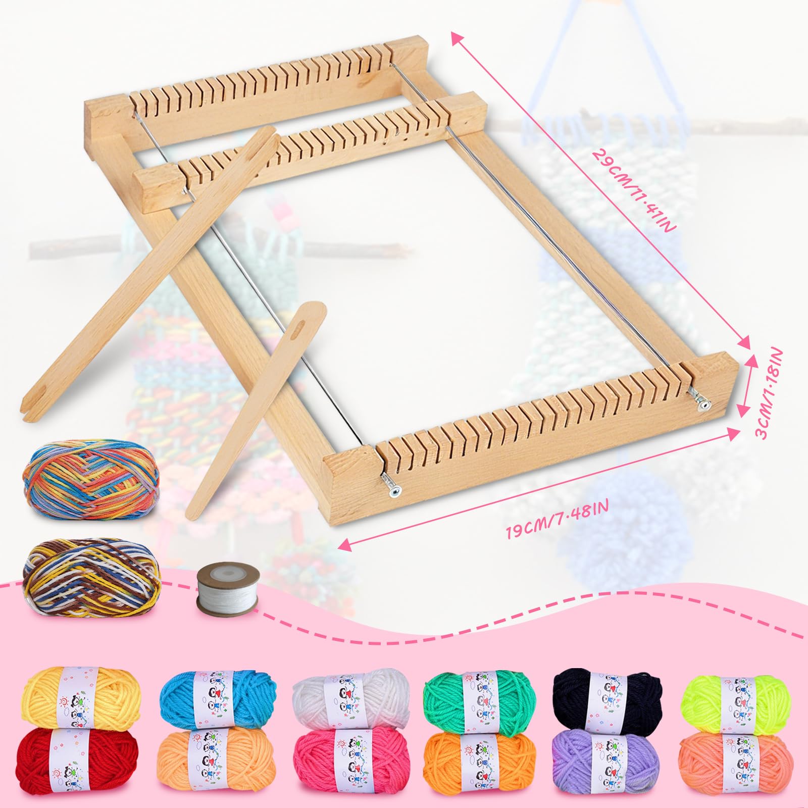 Bibykivn Métier à Tisser En Bois, Machine à Tricoter à la Main Bricolage, Kit de Métier à Tisser pour les Enfants de 6 à 12 Ans, Avec Iaine Colorée pour débutants et enfants