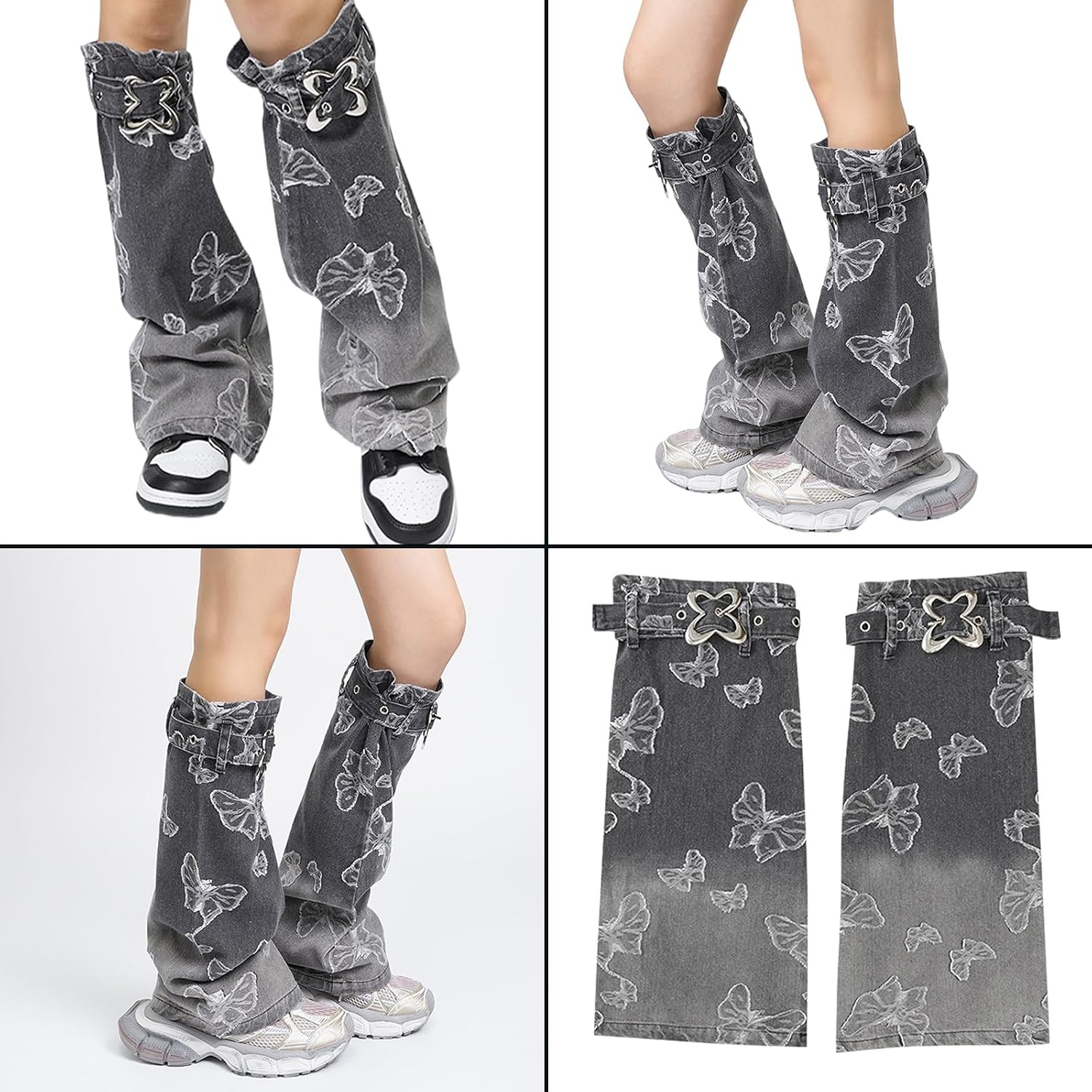 Women Butterfly Pattern Jeans Leg Warmer with Buckled Straps Punk Gradients Denims Flared Boot Covers Socks Streetwear
