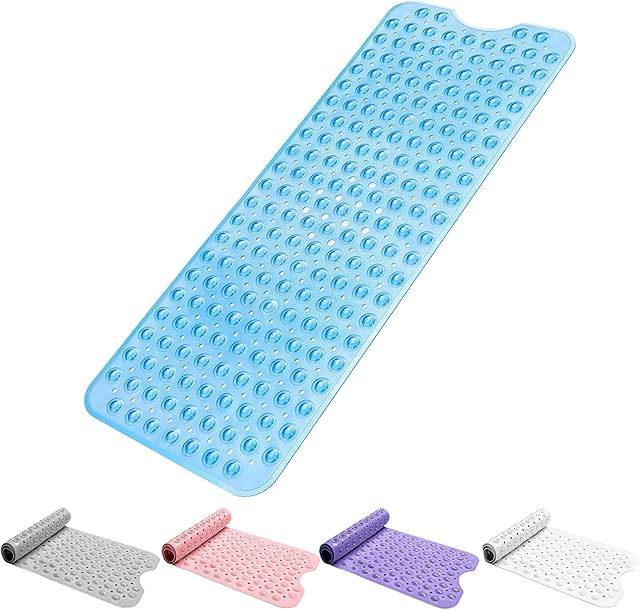Bath Mat Non Slip Anti Mould 100x40cm - Extra Large Shower Mats with Suction Cups and Drain Holes, Rubber Bathtub Mat for Bathroom, Machine Washable (Transparent Blue)