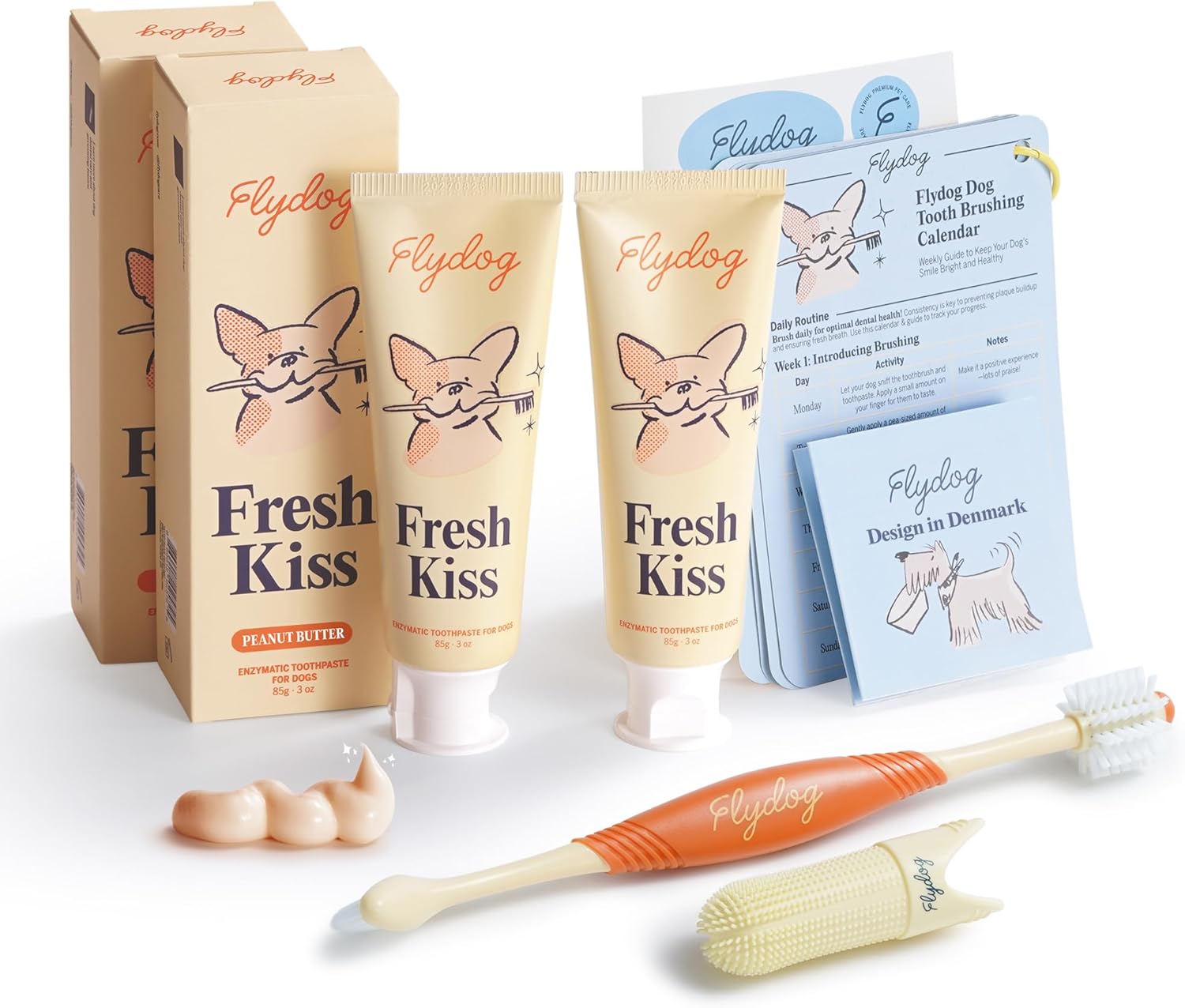 Fresh Kiss Enzymatic Dog Toothpaste All Flavors Set - Vet Approved Organic Fomula, Tartar Remover for Dogs, with Toothbrushing Calendar & Guide, Chicken & Coconut & Mint & Peanut Butter