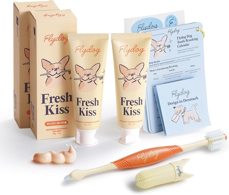 Fresh Kiss Dog Tooth Brushing Kit - Vet Approved Formula, Enzymatic Dog Toothpaste and Brush - Breath Freshener & Tartar Remover, 360° Toothbrush & Finger Brush, Dental Guide, Peanut Butter