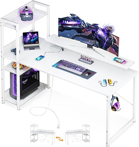 ODK Escritorio reversible para juegos de 55 pulgadas con puerto de carga USB y tomas de corriente, escritorio para computadora con estantes de disponible en Yaxa Peru