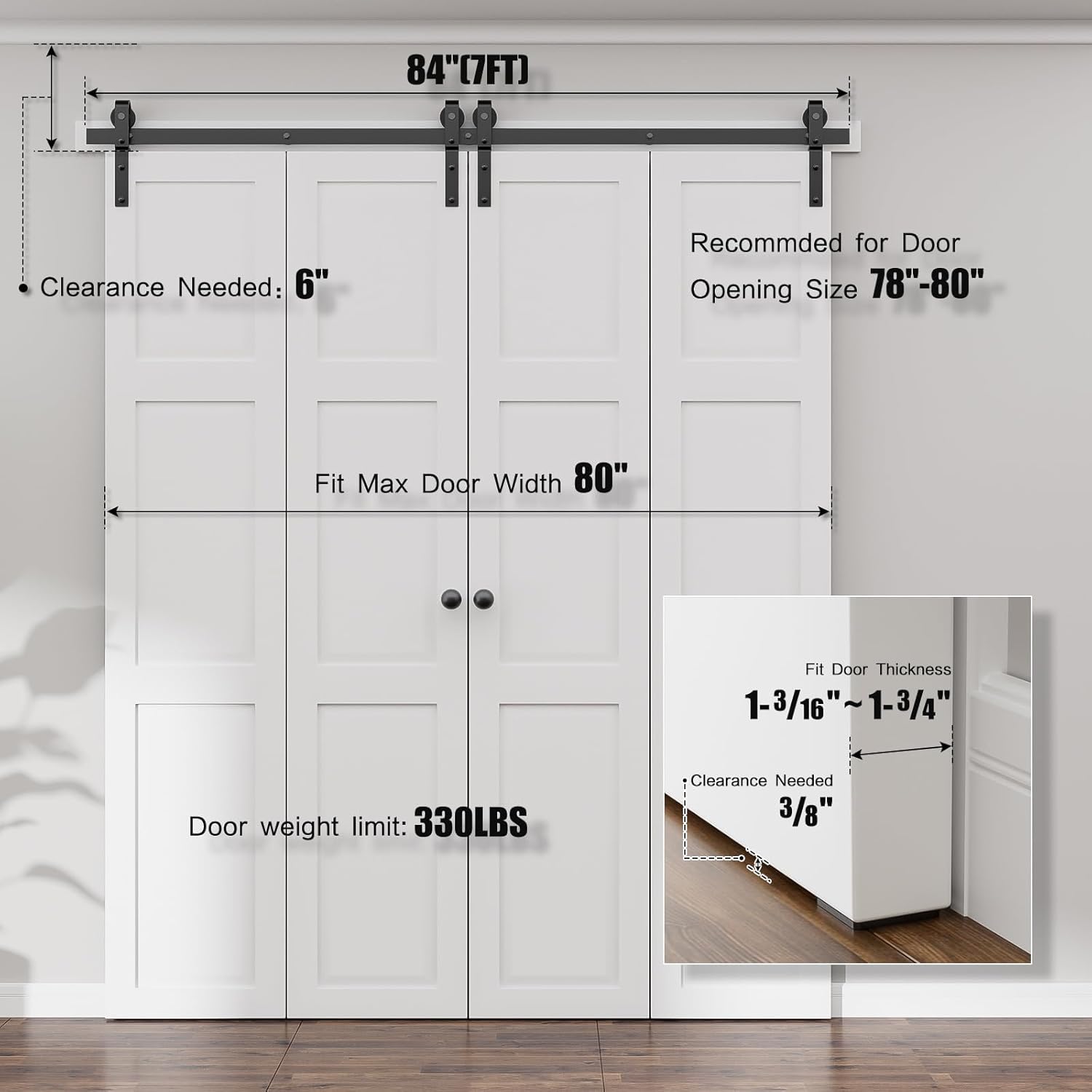 84" Bi-Folding Sliding Barn Door Hardware Kit,7FT Heavy Duty Track Roller Kit for Max 20" x 4 Doors,Smoothly and Quietly,Easy to Install,No Door Panel,Black