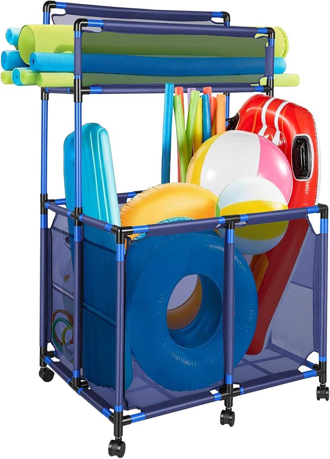 Rolling Pool Storage Bin Cart with Noodle Holder Top Shelf