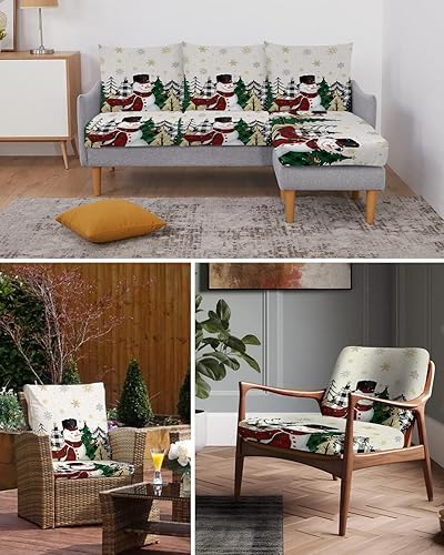 Miniatura 6 de Fundas de cojín de Navidad para sofá, funda elástica para sofá con parte inferior elástica, diseño rústico de muñeco de nieve, copo de nieve, árbol