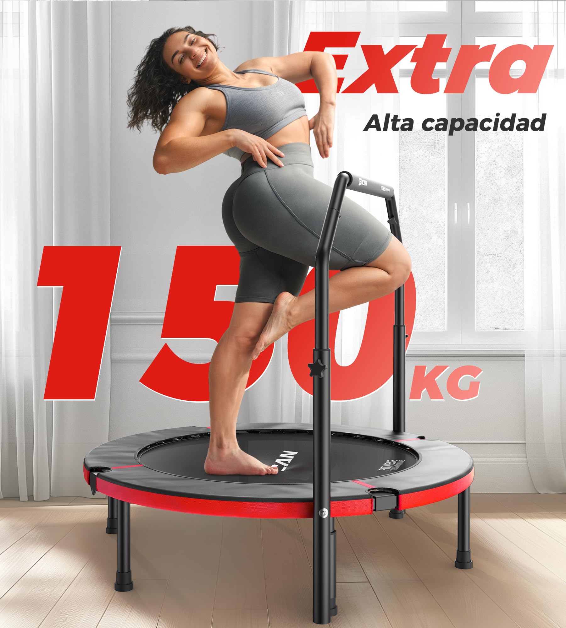 Trampolín de Interior BCAN, Mini trampolín de Fitness Plegable de 102 cm, para Adultos con asa Ajustable, Carga máxima de 150 kg, Ideal para Entrenamiento en casa y Ejercicio.