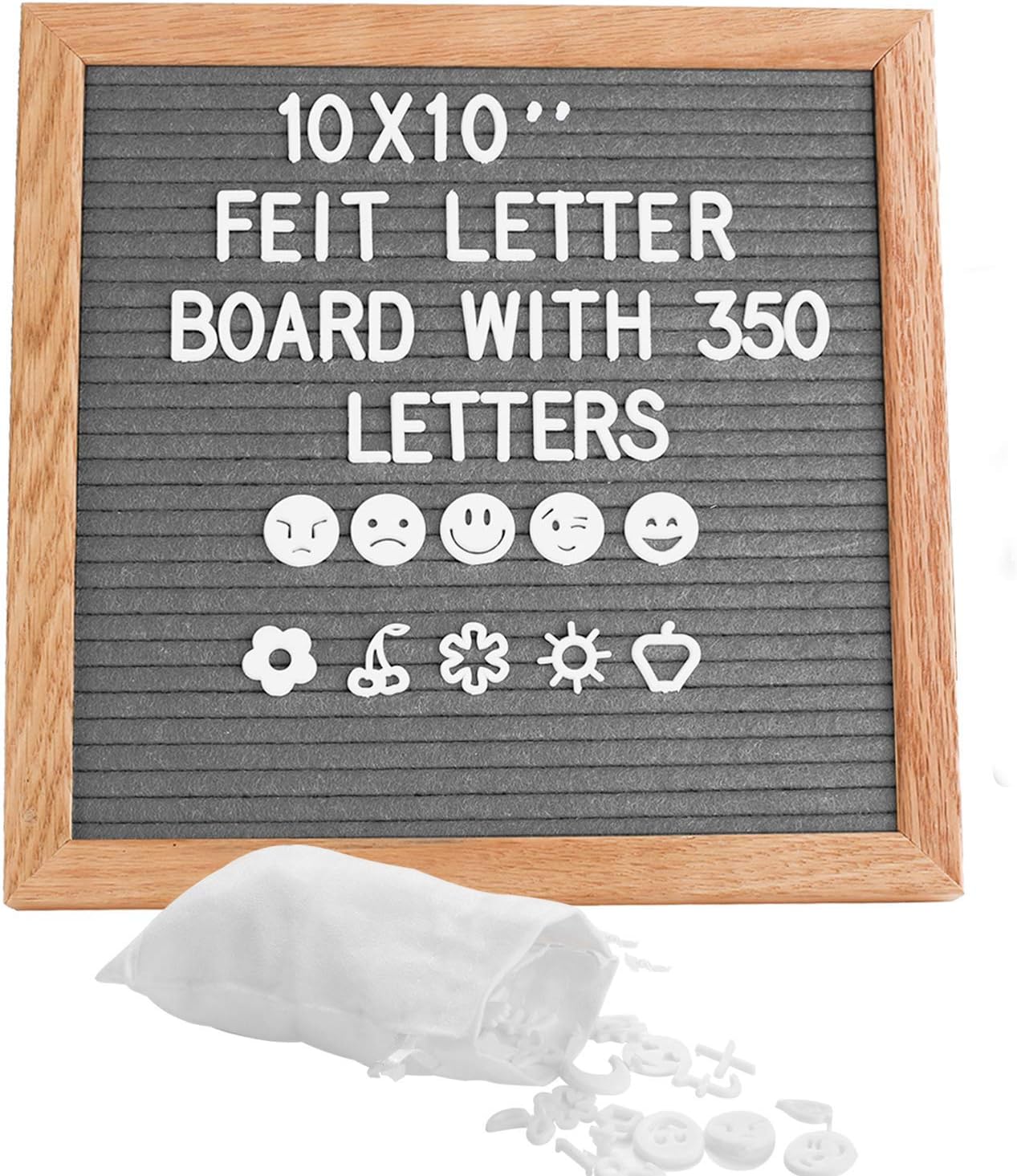 Grey Square Felt Letter Board 10x10 Inch with 350 White Plastic Letters - Easel, Drawstring Bag and Oak Peg Boards for Home Decoration