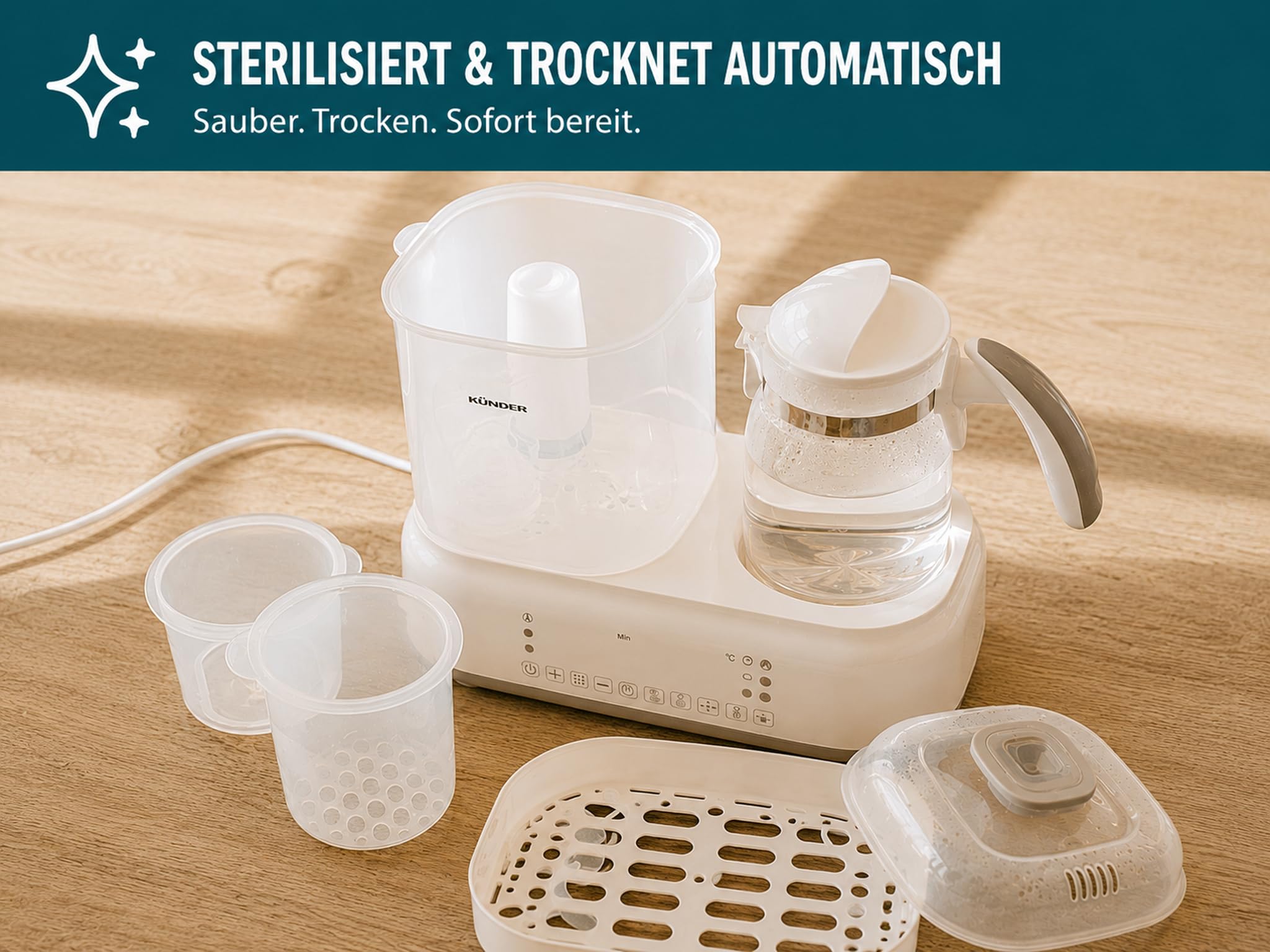 Babyflaschen Sterilisator mit integriertem 1,2 L Glas-Wasserkocher | Sterilisieren, Trocknen und Erwärmen in einem Gerät