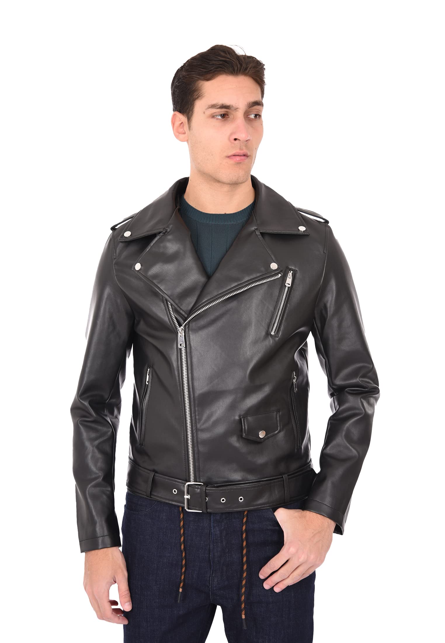 Giubbotto Uomo in Eco Pelle Giacca Biker Chiodo Simil Pelle Slim Fit
