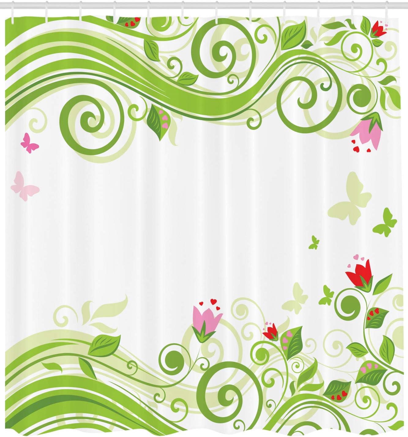 Ambesonne Green Flower Shower Curtain, Blossoming Abstract Elements Swirls Springtime Foliage Illustration, Cloth Fabric Bathroom Decor Set with Hooks, 69" W x 70" L, Lime Green Pink Red