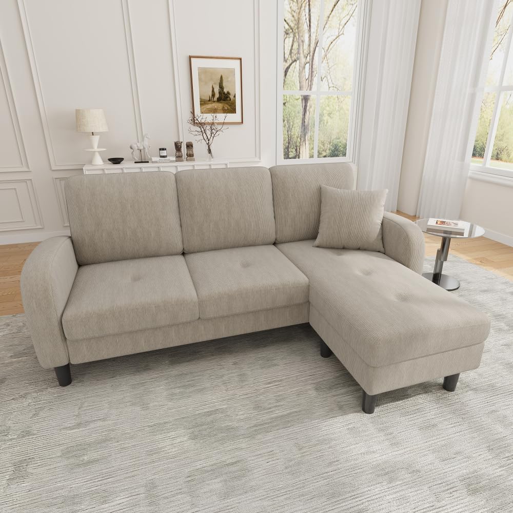 Divano angolare a L con chaise longue, tre posti, 166 x 118 x 77 cm, tessuto in velluto a coste traspirante, gambe in plastica, design modulare, ideale per il soggiorno (Marrone chiaro)