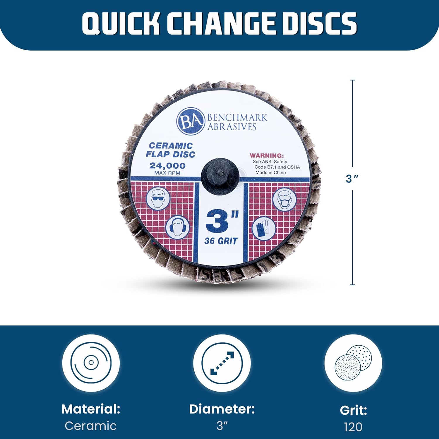 Benchmark Abrasives 3" Quick Change Ceramic Flap Disc Mini Grinding Wheel w/Male R-Type Back Design - Cleaning Finishing Deburring of Irregular Surfaces - for Die Grinder & More (10 Pack), 120 Grit