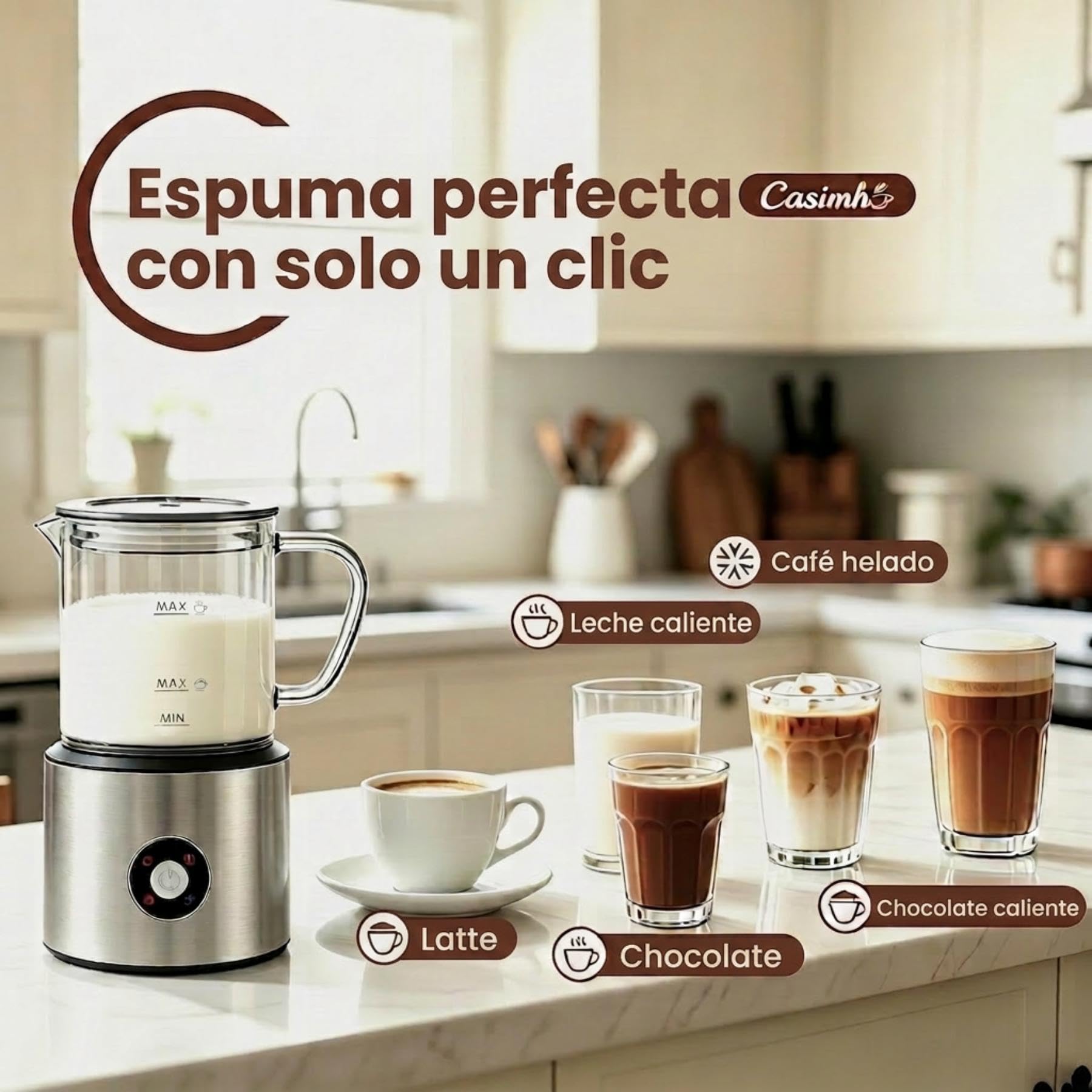 Espumador de Leche 4 en 1, Calienta leche Espumador Electrico 500ml Silenciosa, Calentador de Leche Inducción Automáticas con Desmontable Vaso de Vidrio, para Capuchino, Chocolate