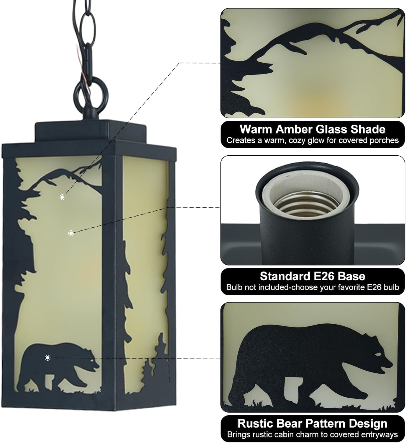 Outdoor Entryway Hanging Light Fixture, Bear Design Warm Amber Lampshade, 48'' Adjustable Chain, Waterproof 60W E26, Rustic Matte Black Outdoor Pendant Light Fixture, for Gazebo, Yard, 1Pack