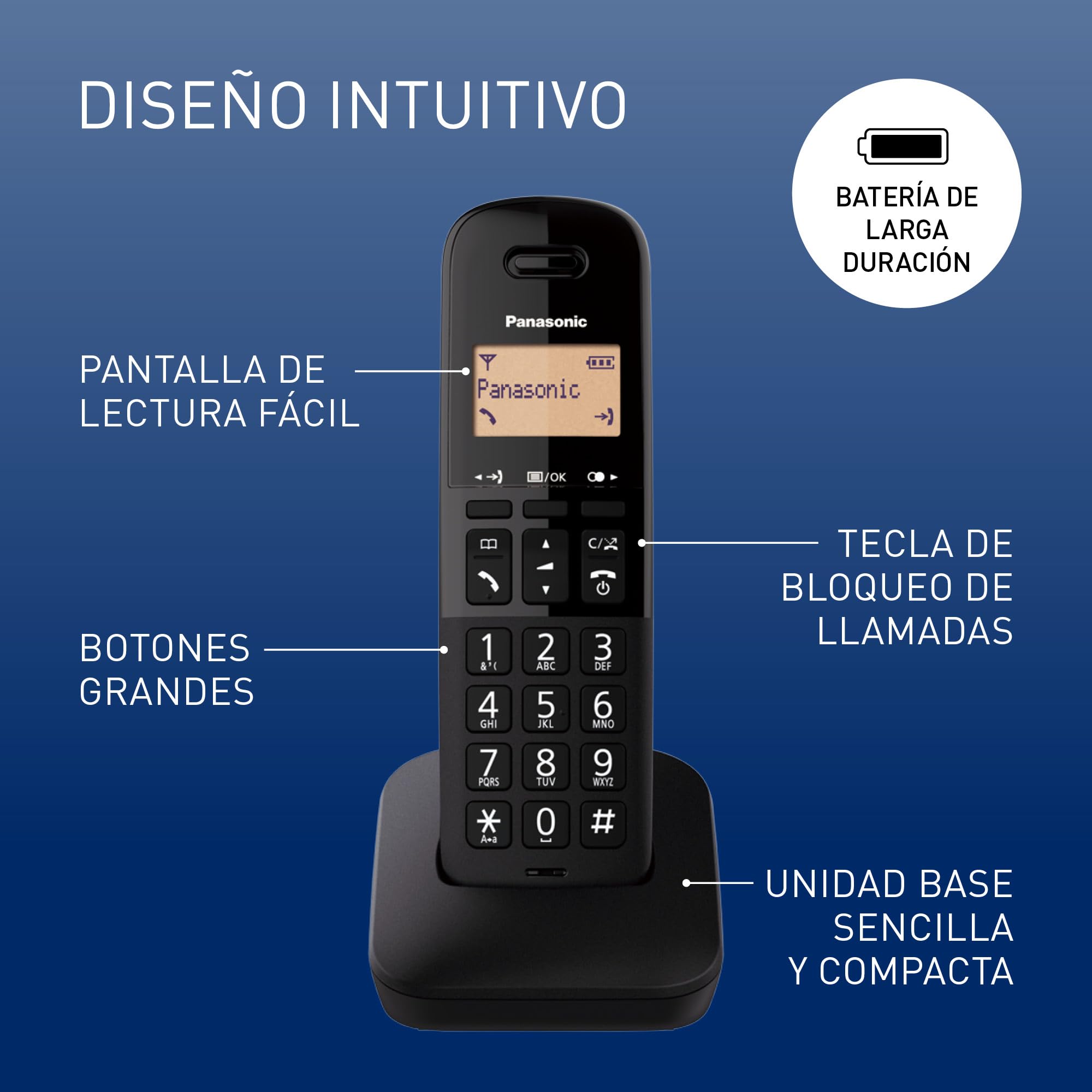 Panasonic KX-TGB613SPB Teléfono Fijo inalámbrico trío, Bloqueo de Llamadas, 18 Horas de conversación, 200 Horas en Espera, Agenda 50 contactos, Resistencia a caídas, Color Negro