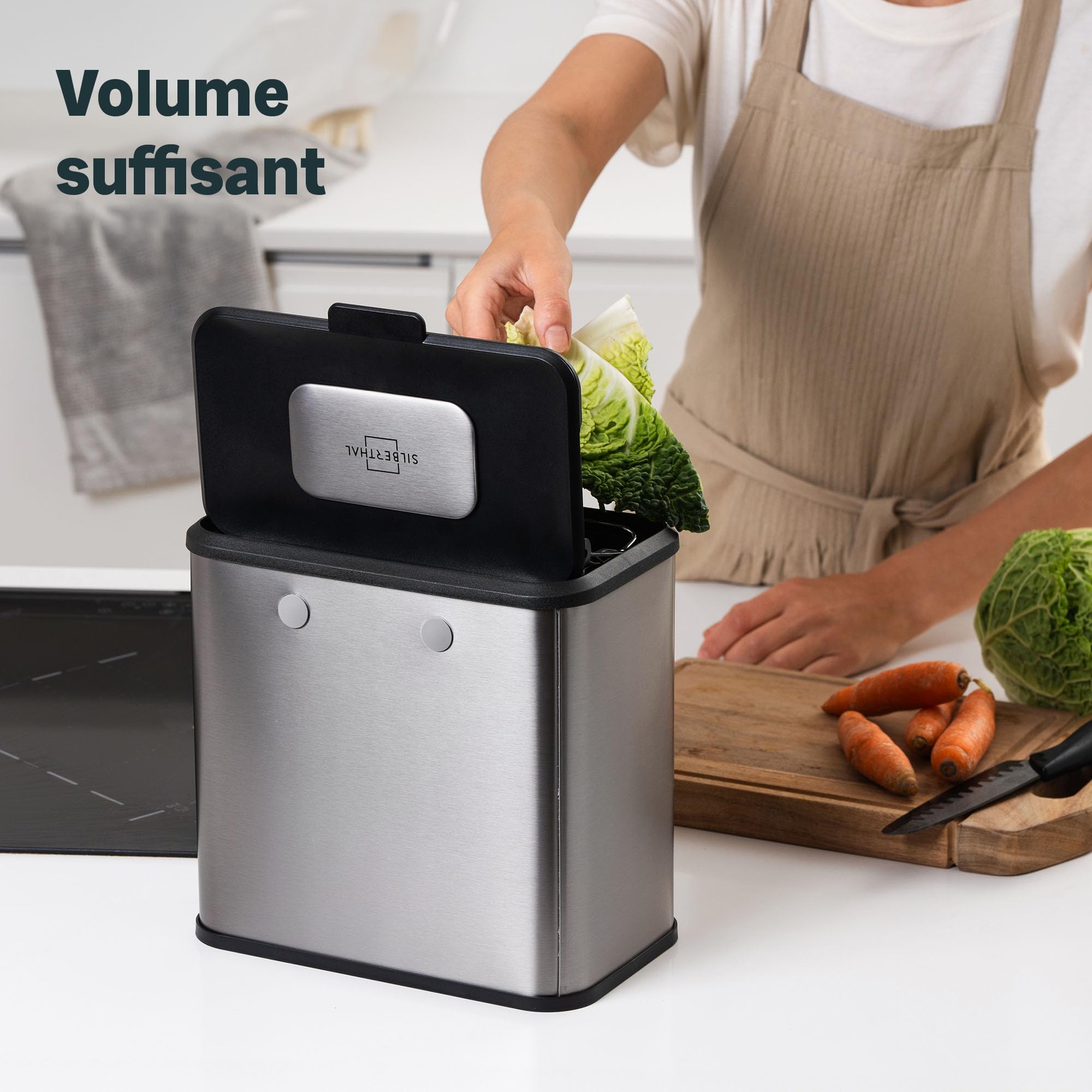 SILBERTHAL Petite Poubelle de Table INOX 4L - Bac à Compost | 4 filtres inclus, avec couvercle, sans odeur ni insectes