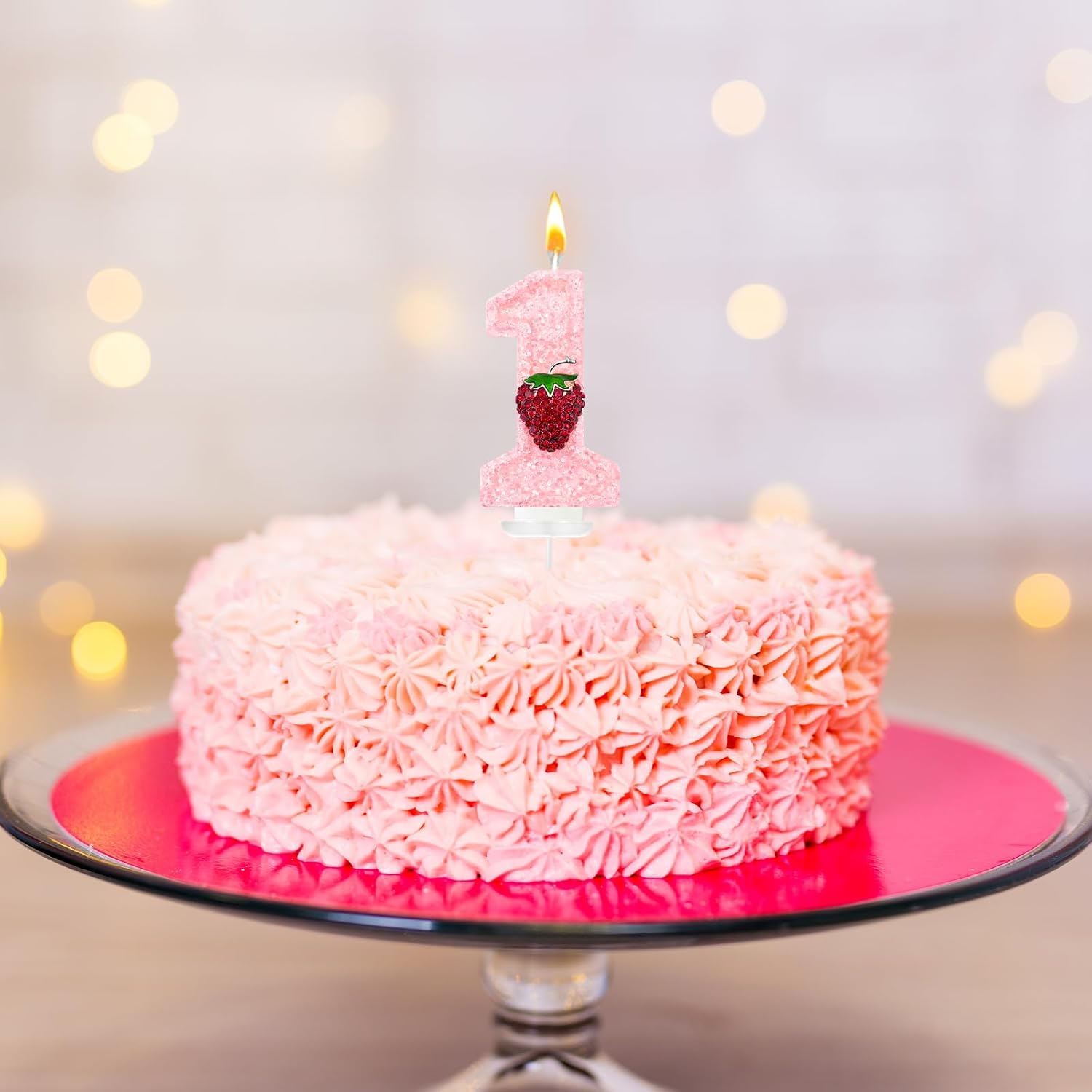 Minyu Strawberry-Shaped Berry Candles, Pink Number Candles, and Glittery Strawberry Cake Decorations, Perfect for Birthday and Anniversary Celebrations. (Number 1)