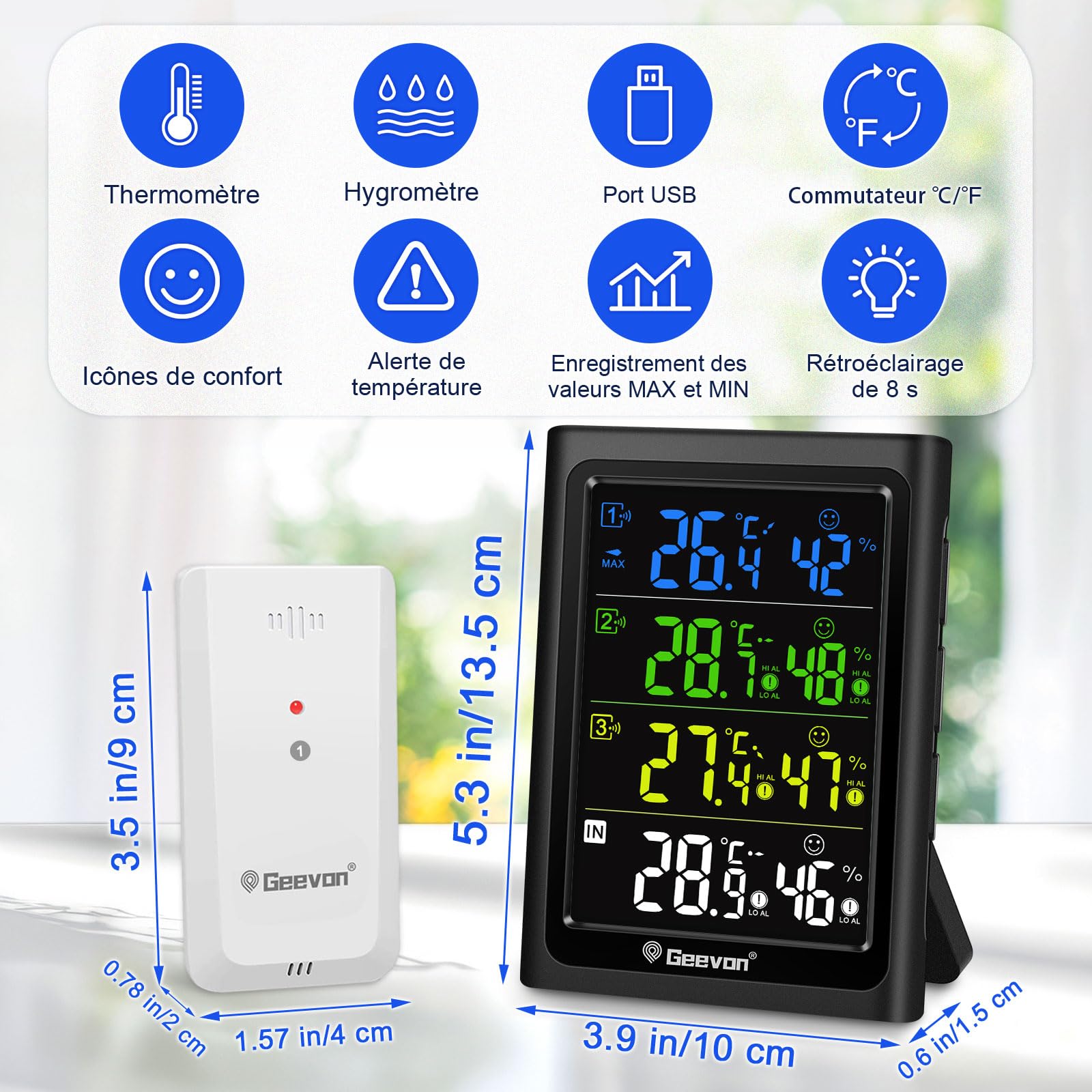 Geevon Thermomètre intérieur extérieur sans fil avec 3 capteurs à distance, hygromètre électronique, jauge de température avec portée de 60m Conditions sans obstruction