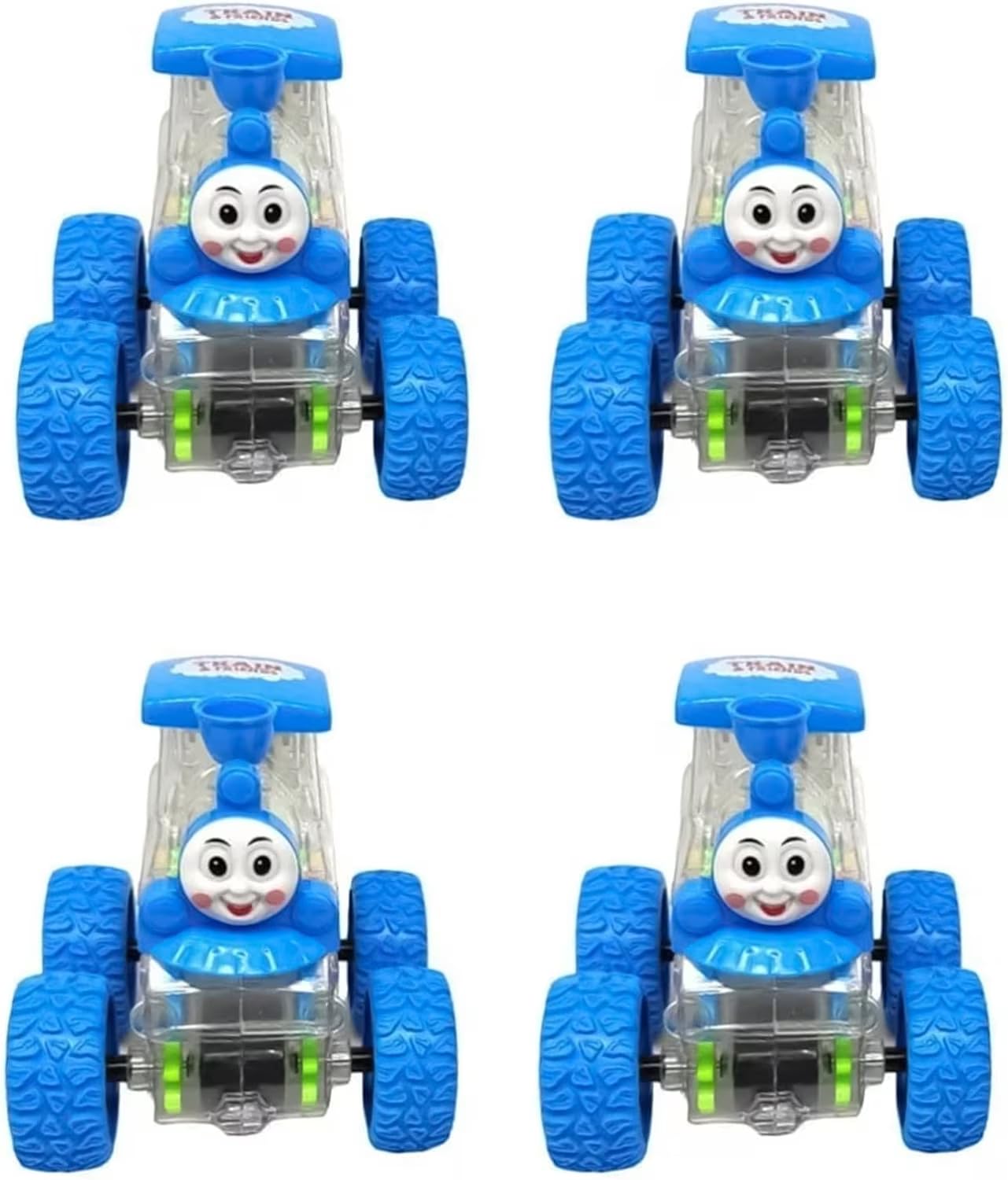 SDMAX Mini Thomas Train, Gear Train, Slide Inertia, Lights, Safe and Durable, 360° Spins and Smooth Glides, Wind Up Fun, Hand-Eye Coordination, Imaginative Play, Plastic, Blue (4 Pcs)