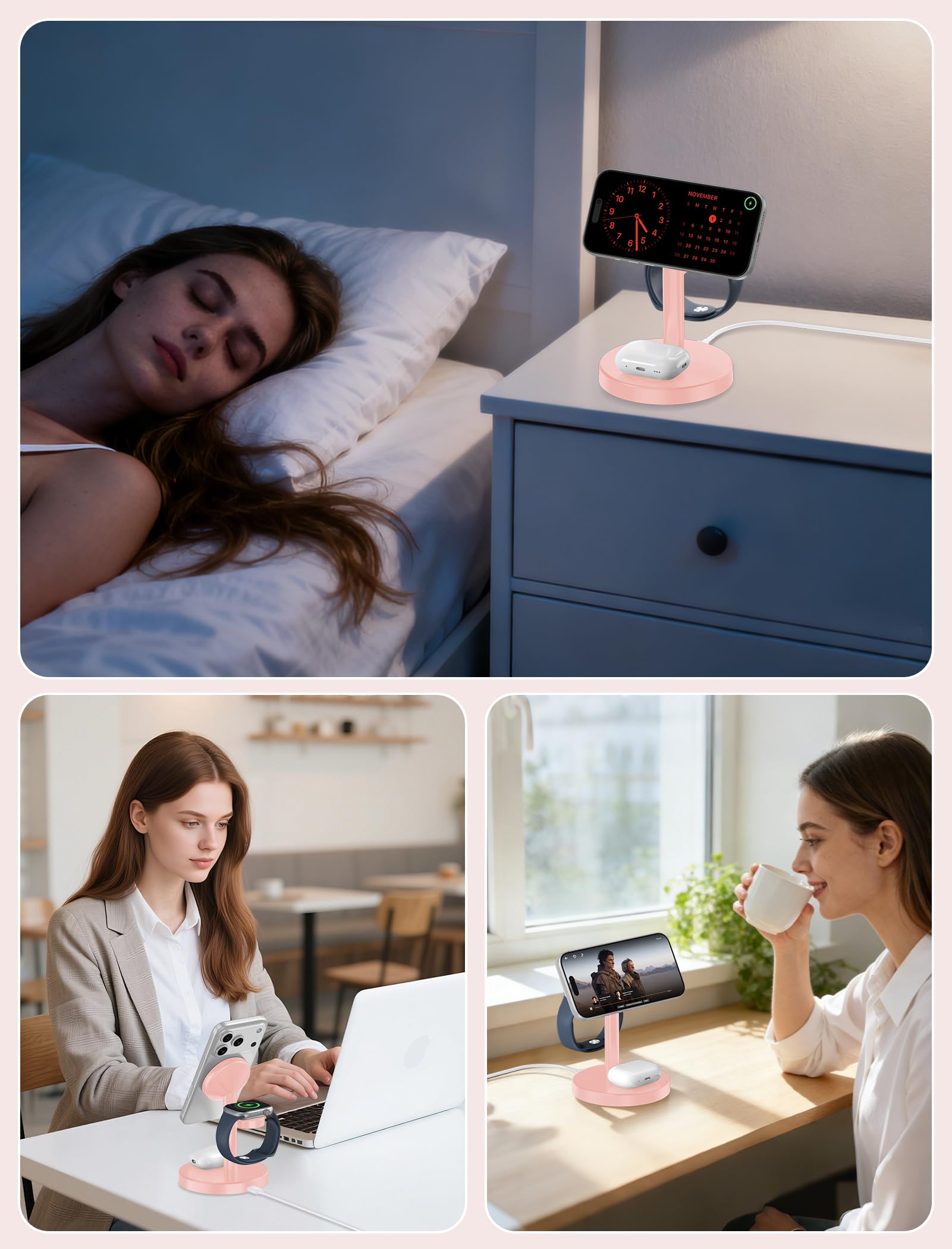 Aeinidi Station de Charge sans Fil 3 en 1 2025 Compatible avec MagSafe, Support de Chargeur magnétique Rapide Mag-Safe de 15 W pour Apple iPhone 17 16 15 14 13 12 iWatch AirPods Pro 4 3 2, Rose