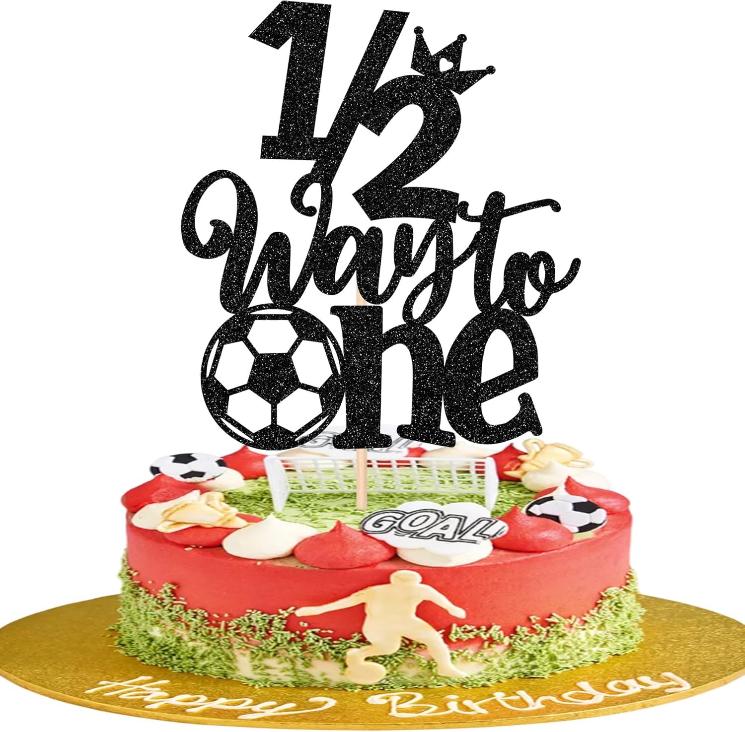 1 Stück Fußball 1/2 Cake Topper Half Way to One Tortendeko Glitzer Baby Junge 1/2 Geburtstag Kuchen Deko für Soccer Thema Baby Dusche Jungen Halb Geburtstag Party Kuchen Dekorationen Schwarz