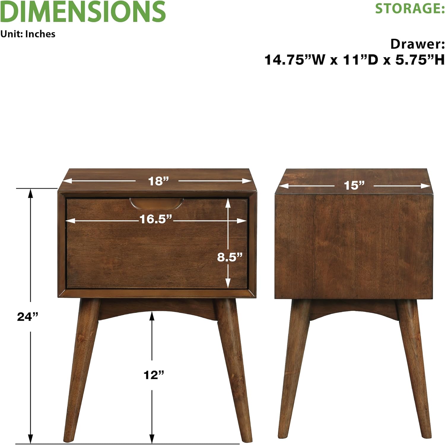 OSP Home Furnishings Copenhagen Mid-Century Modern Accent Table, Large Storage Drawer, Tapered Legs, Walnut Finish