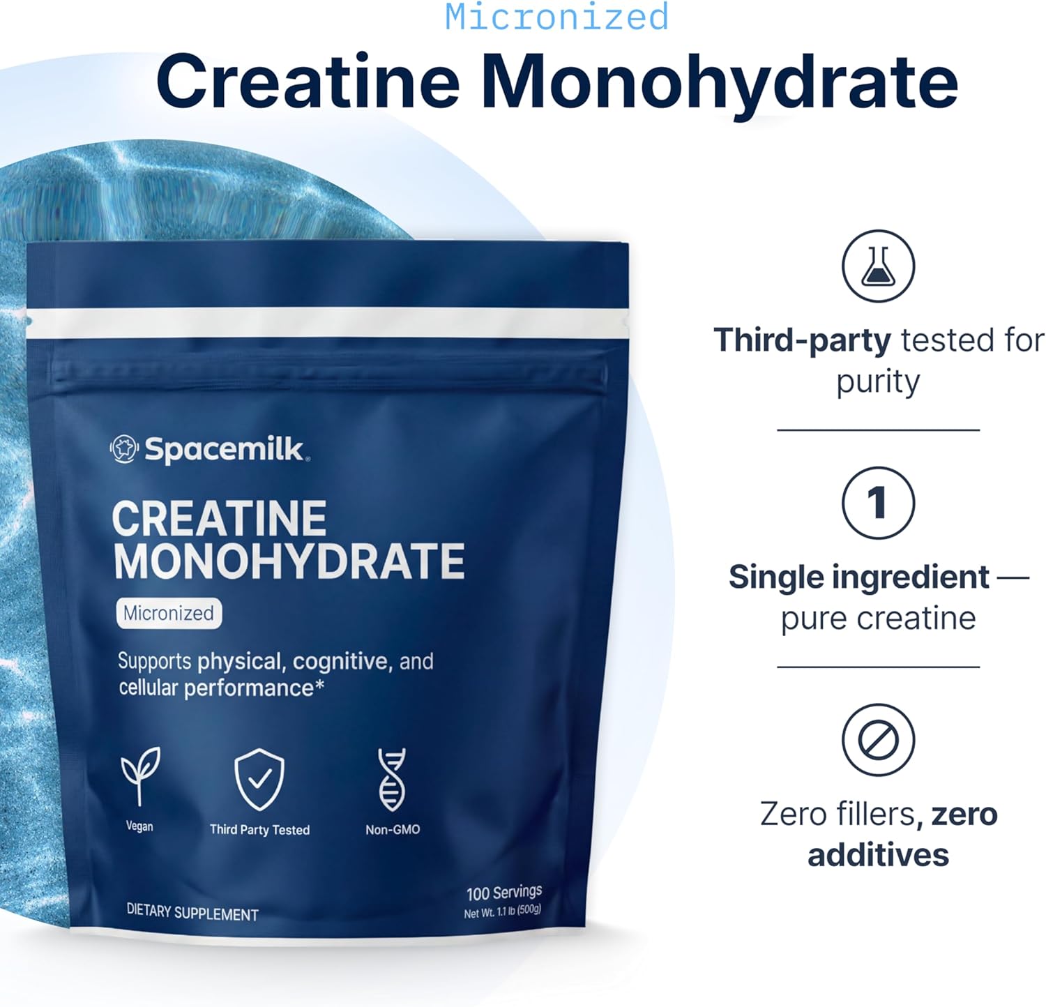 Spacemilk Vegan Non-GMO Creatine Monohydrate Micronized Powder, Unflavored, 5g Serving, 100 Servings