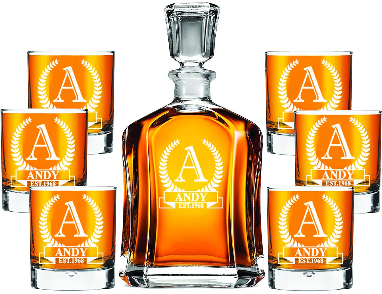 Spersonalizowany grawerowany zestaw karafek z 6 szt. Kieliszki do whisky 270 ml, rozmiar karafki 700 ml