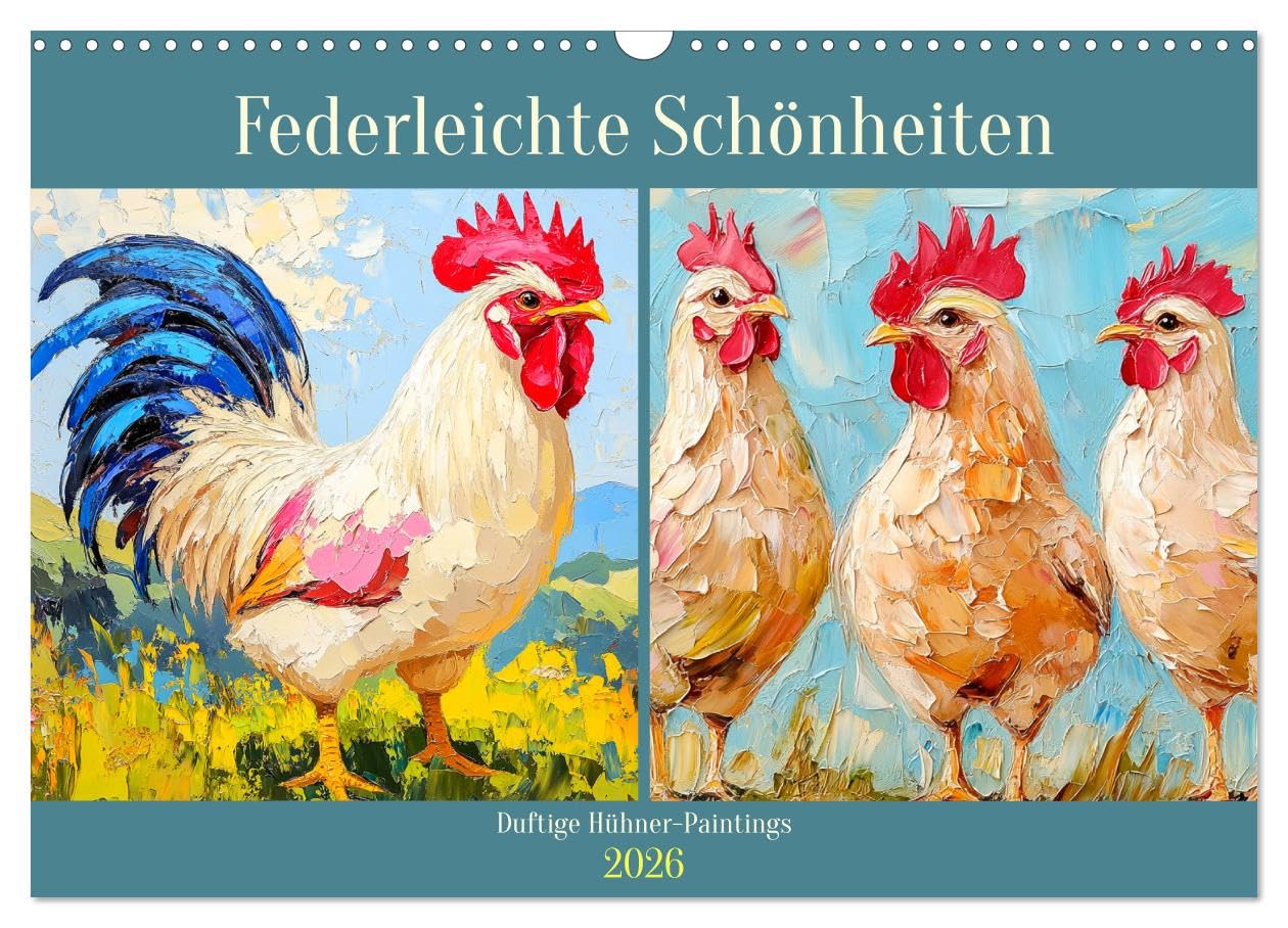 Feather-light beauties. Fragrant chicken paintings UK-Version (Wall Calendar 2026 DIN A3 Landscape), CALVENDO 12 Month Wall Calendar — image 1