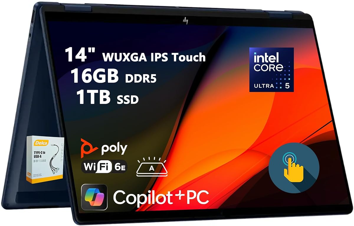 HP OmniBook X Flip 2-in-1 Laptop | 14" WUXGA IPS Touch | Intel Core Ultra 5 226V | 16GB DDR5 1TB SSD | AI PC for Creator Designer Business Professional Win11 w/DLCA Accessory
