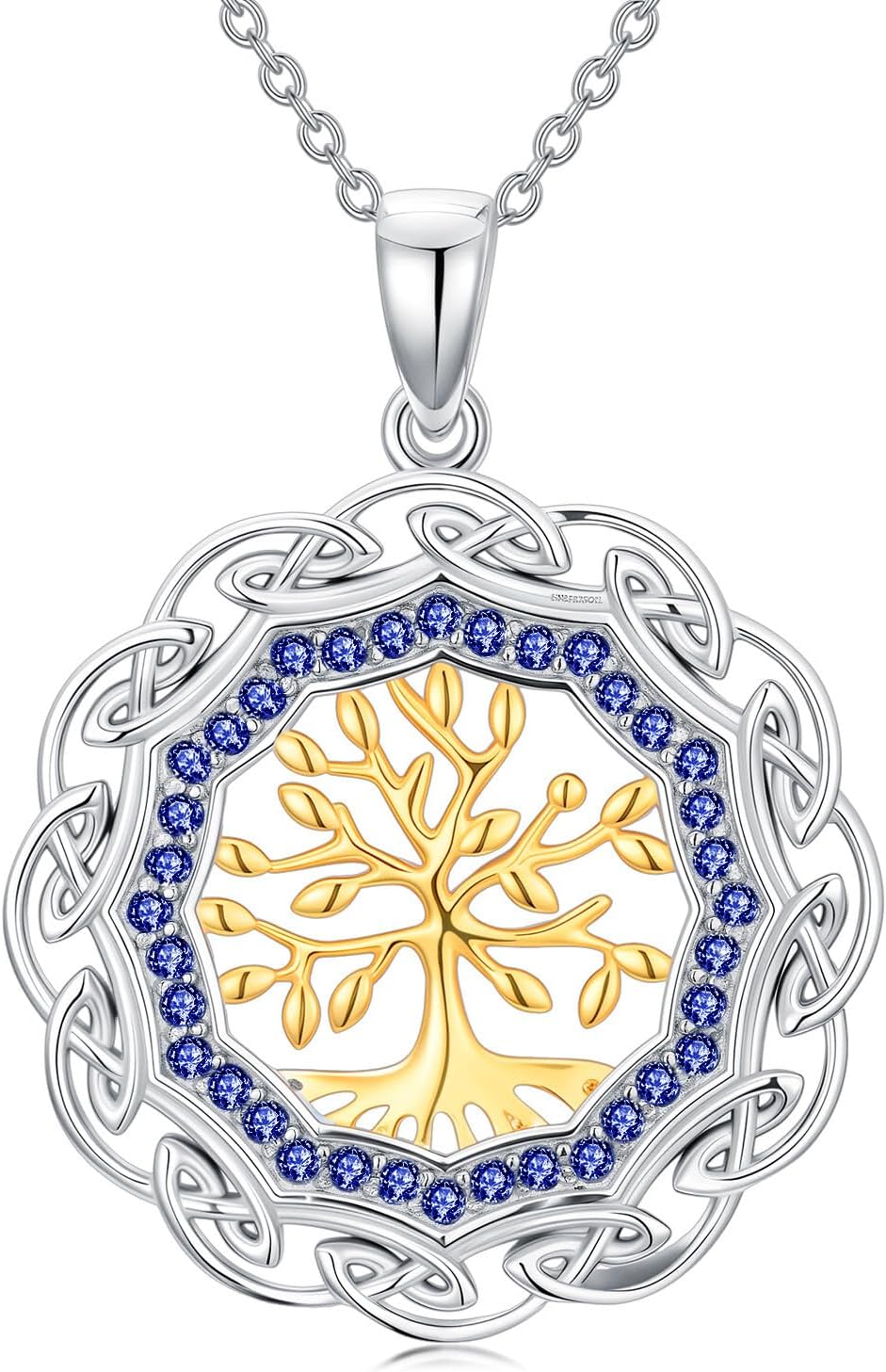 Sterling Silver Birthstone Celtic Tree of Life Necklace, 18K Gold Plated Colored Gemstone Tree of Life Pendant Two-Tone Necklaces Jewelry Birthday Gifts for Women 18" - 20"