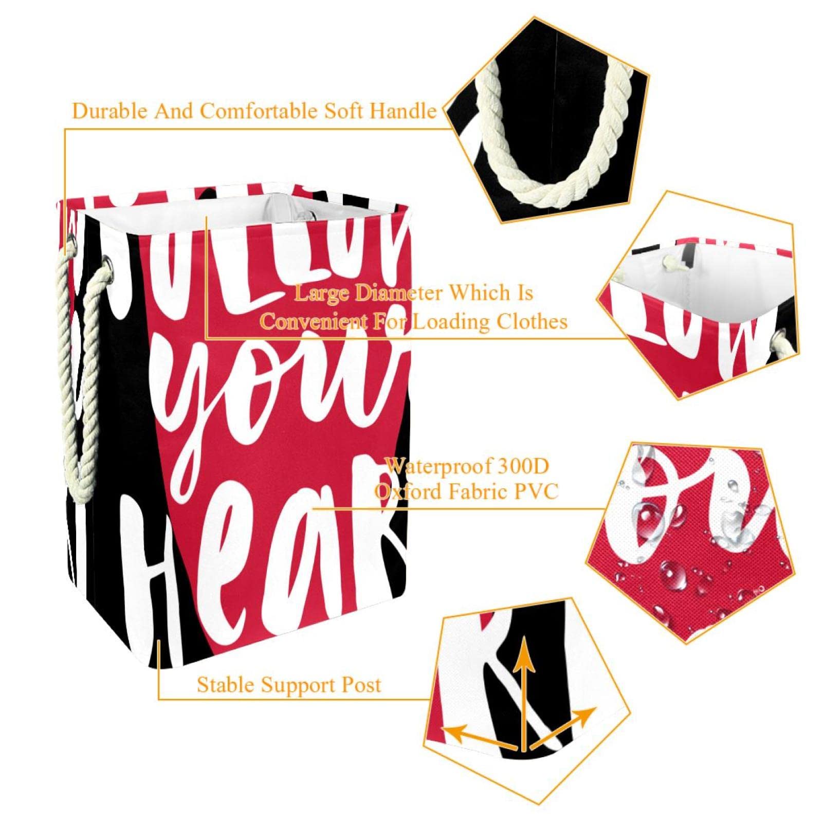Wodoodporny kosz na pranie, kosz na brudne ubrania z uchwytem Follow Your Heart Red Love