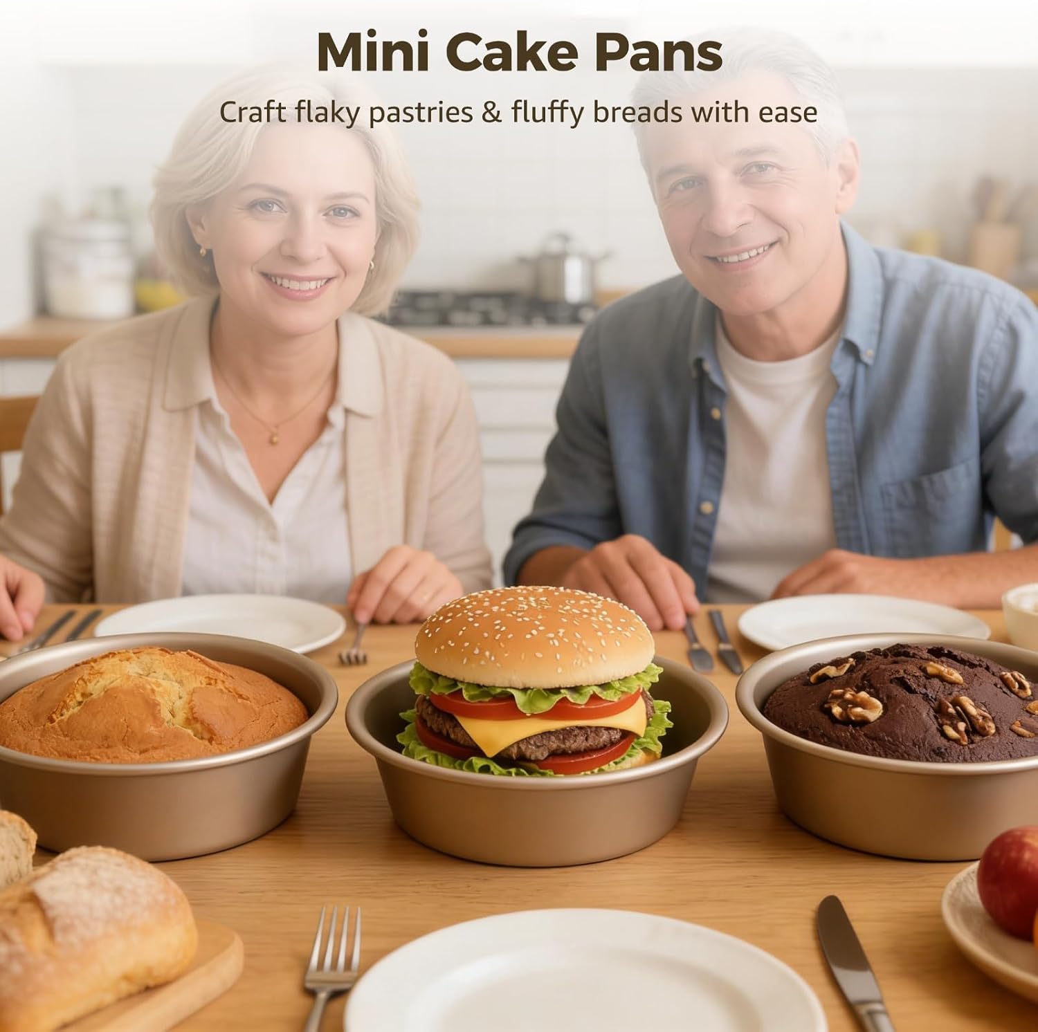 6Pcs Mini Cake Pans, 4 Inch Mini Pie Tins Hamburger Bun Pans for Baking, Air Fryer Hamburger Bun Mold Cupcake & Hamburger Molds, Multipurpose Oven Safe Bakeware for Home Kitchen Pastry Dessert Bread