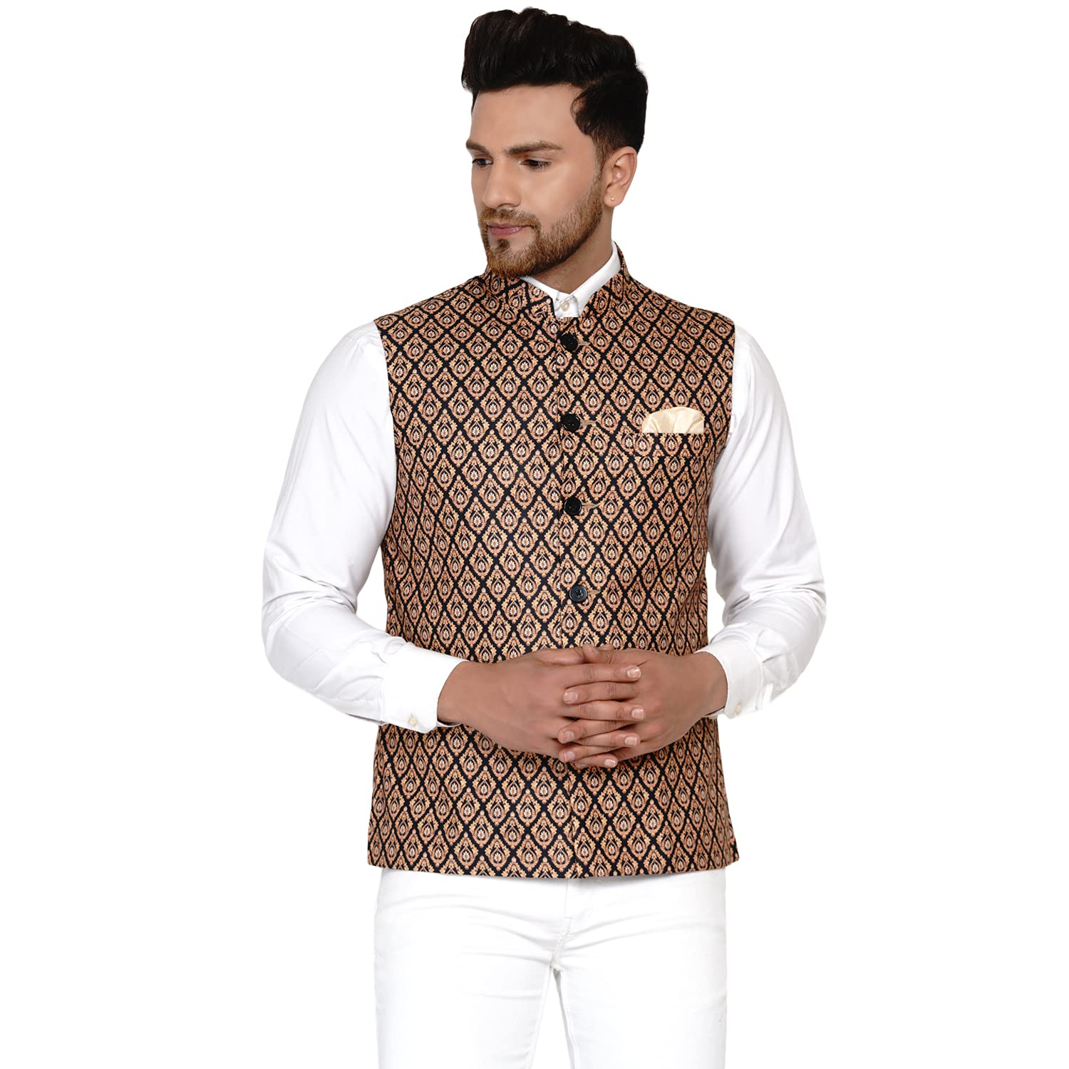 veera paridhaan Men's Cotton Printed Nehru Jacket (Brown)-picture-28