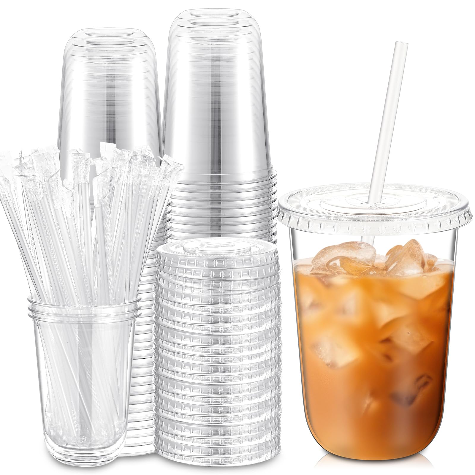 50 Sets Clear Plastic Cups with Lids and Straws, Disposable Iced Coffee Cups Drinking PET for Cold Drinks, Juice, Smoothie, Coffee Shops, Party, Christmas(Clear,16 oz)