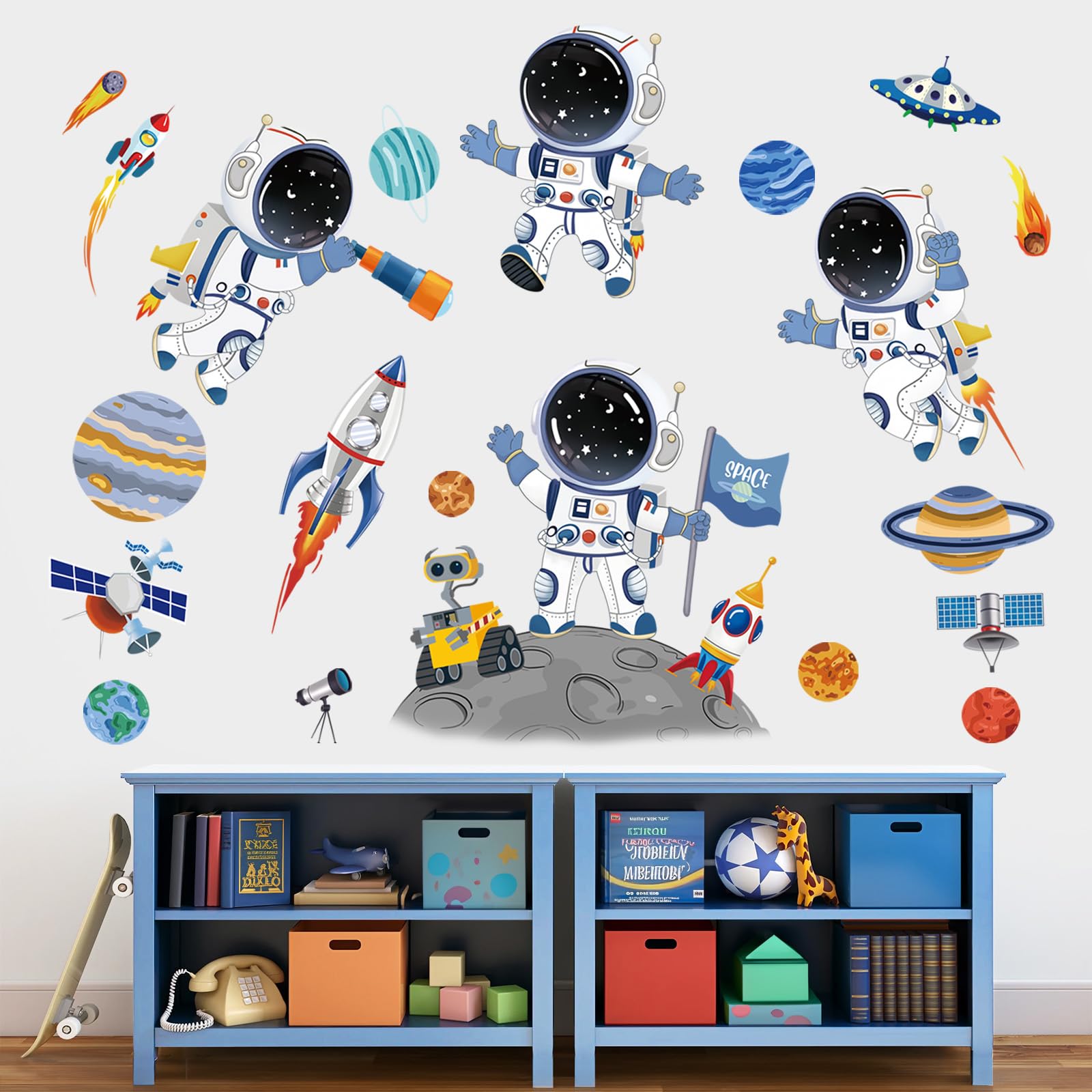 Adesivi Murali Spaziali - Pianeti, Razzo E Astronauta - Per Camerette Dei Bambini - 3 Fogli 30x90cm - Foto 3