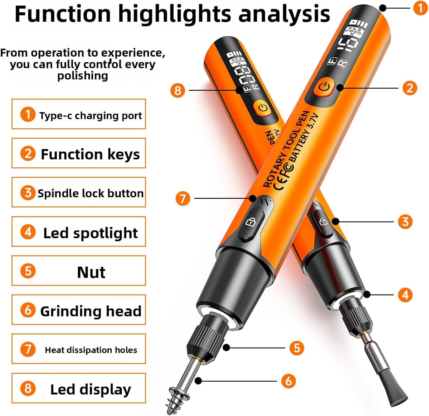 Mini handheld DIY electric grinding home digital display multi-functional wood carving machine with lamp jade polishing and grinding set (Orange sharpener)