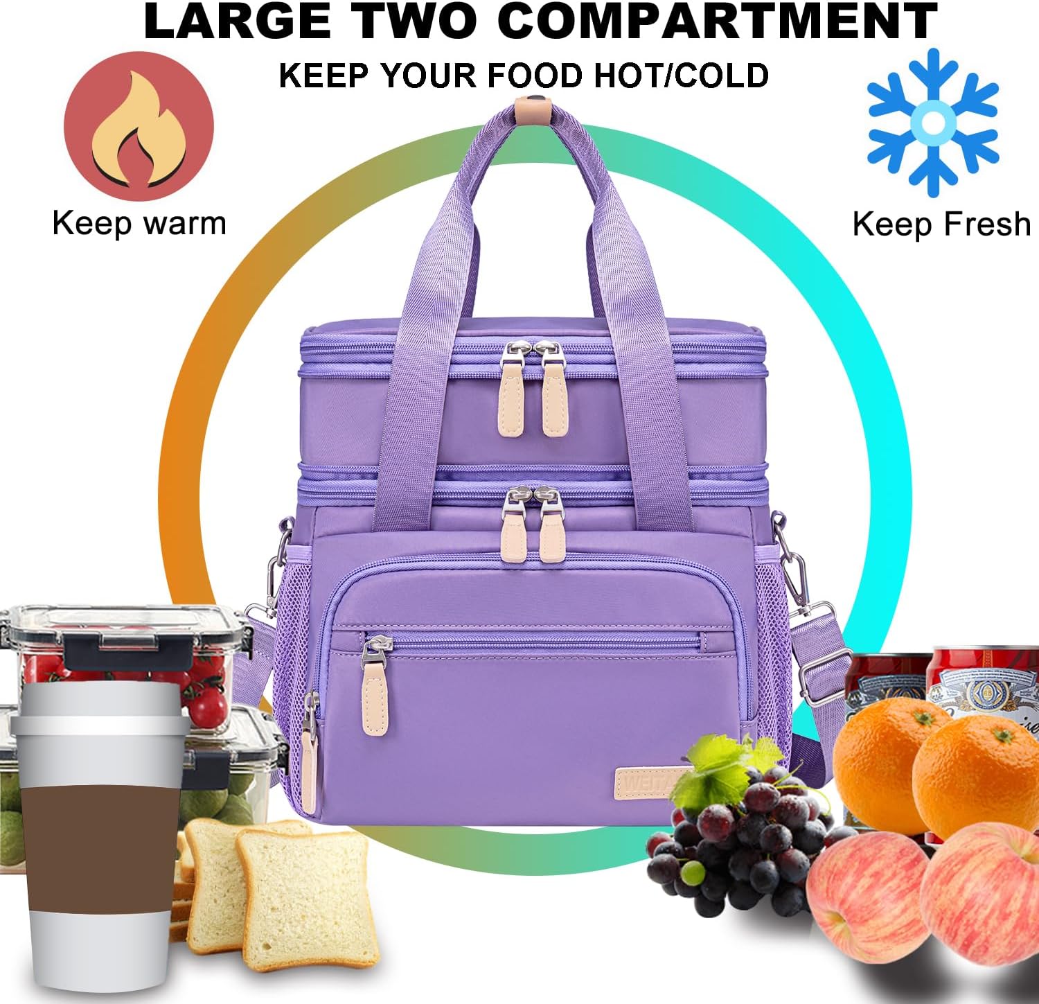 Weitars Insulated Lunch Box for Women Men-Dual Compartment Waterproof Reusable Large Lunch Bag Wide-Open Tote Cooler Bag for Working Picnic Hiking (15L) (Purple) - Image 8