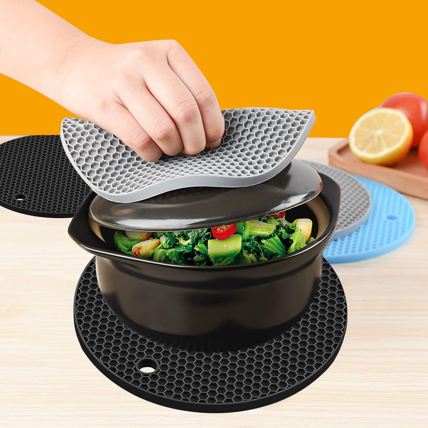 Sottopentola in silicone antiscivolo, 6 pezzi, sottopentola da cucina per pentole calde, cuscinetti rotondi per padelle, nero e grigio