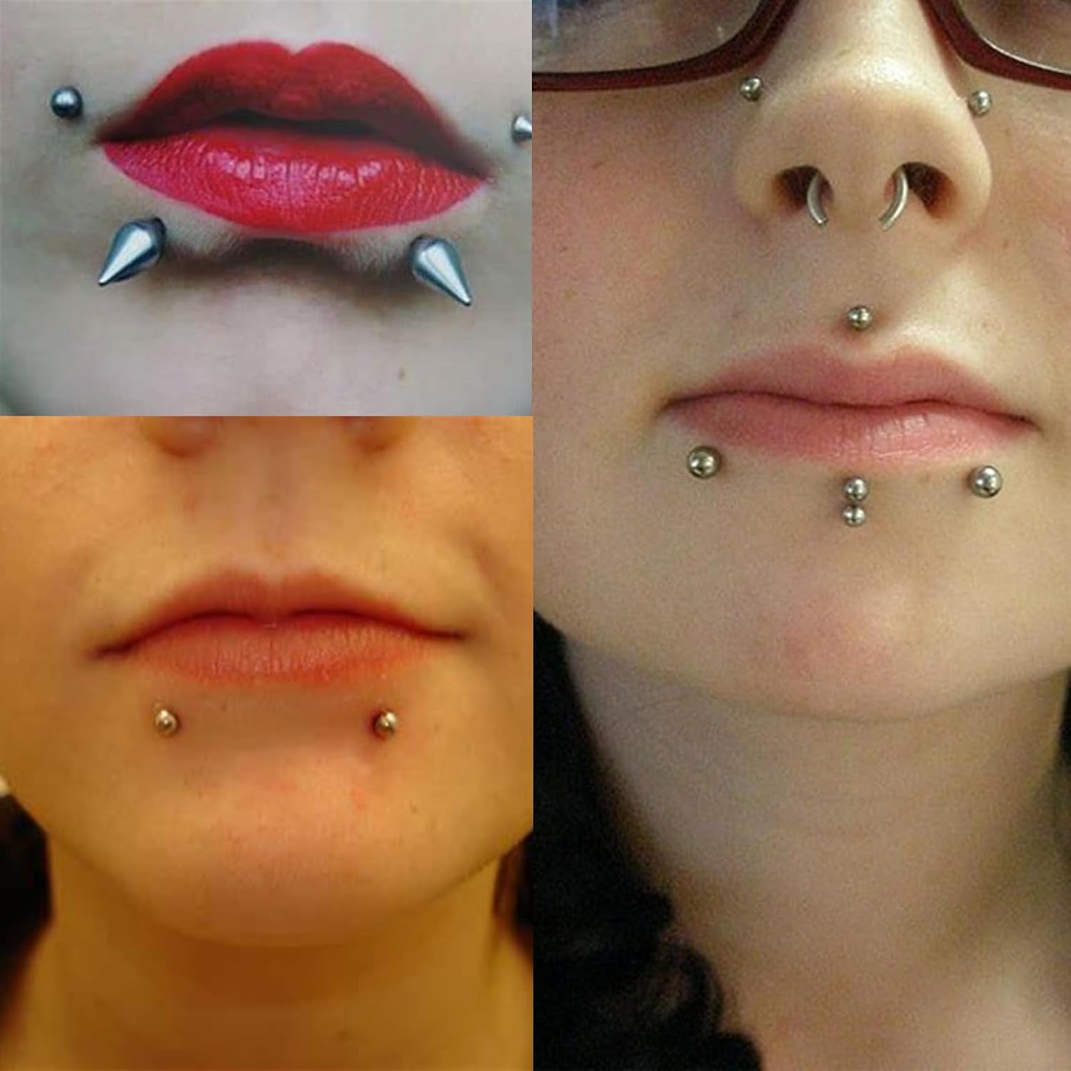 Longita Fake Lip Ring and Nose Piercing Set - Ball Spike, Hoop, Stud, Stick-on Bridge and Eyebrow Ring - Silver, Gold, Black