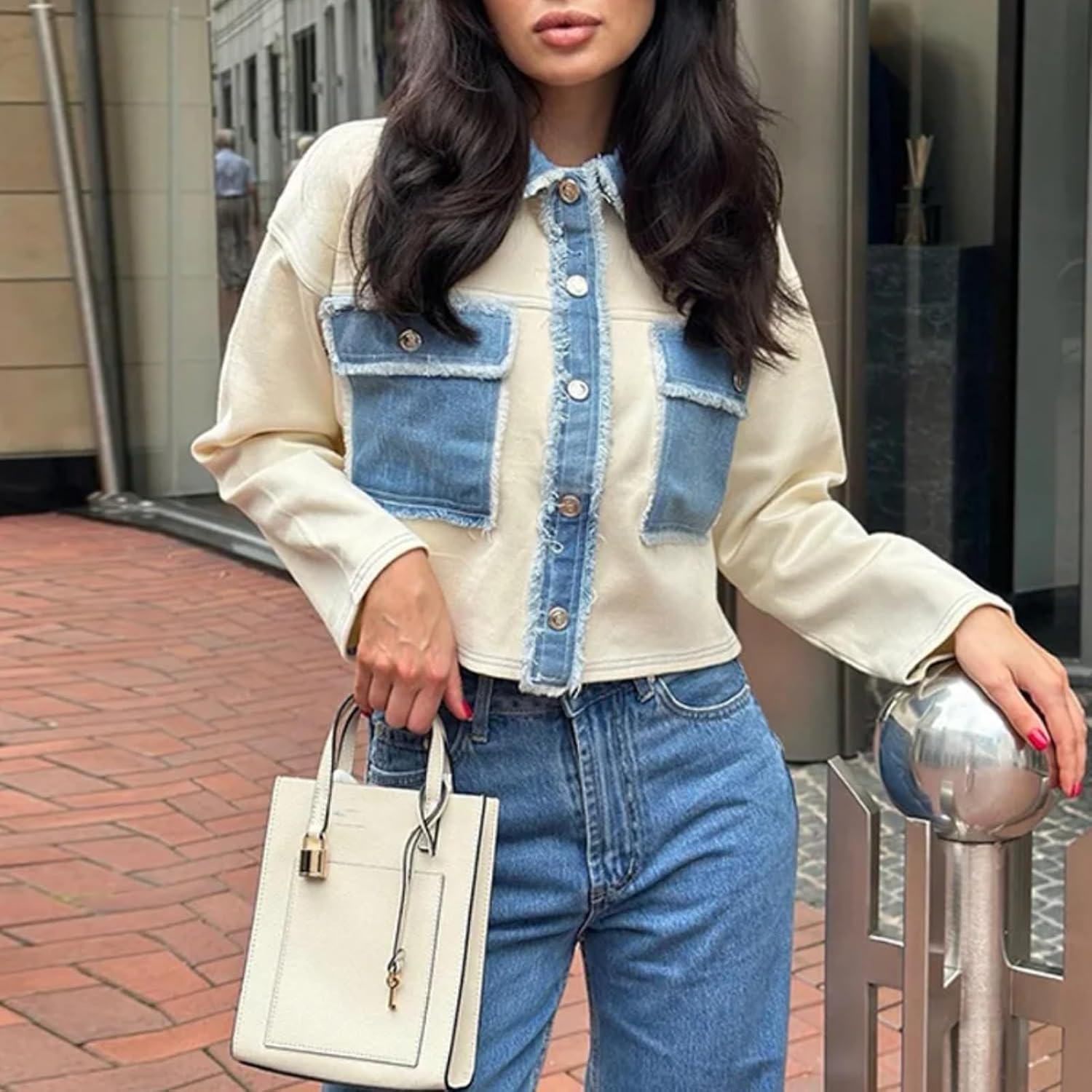 Dawery Y2K Women Denim Patchwork Jacket Coat Lapel Long Sleeves Jeans with Packets Spring Casual Lady Denim Coats Outwear Top