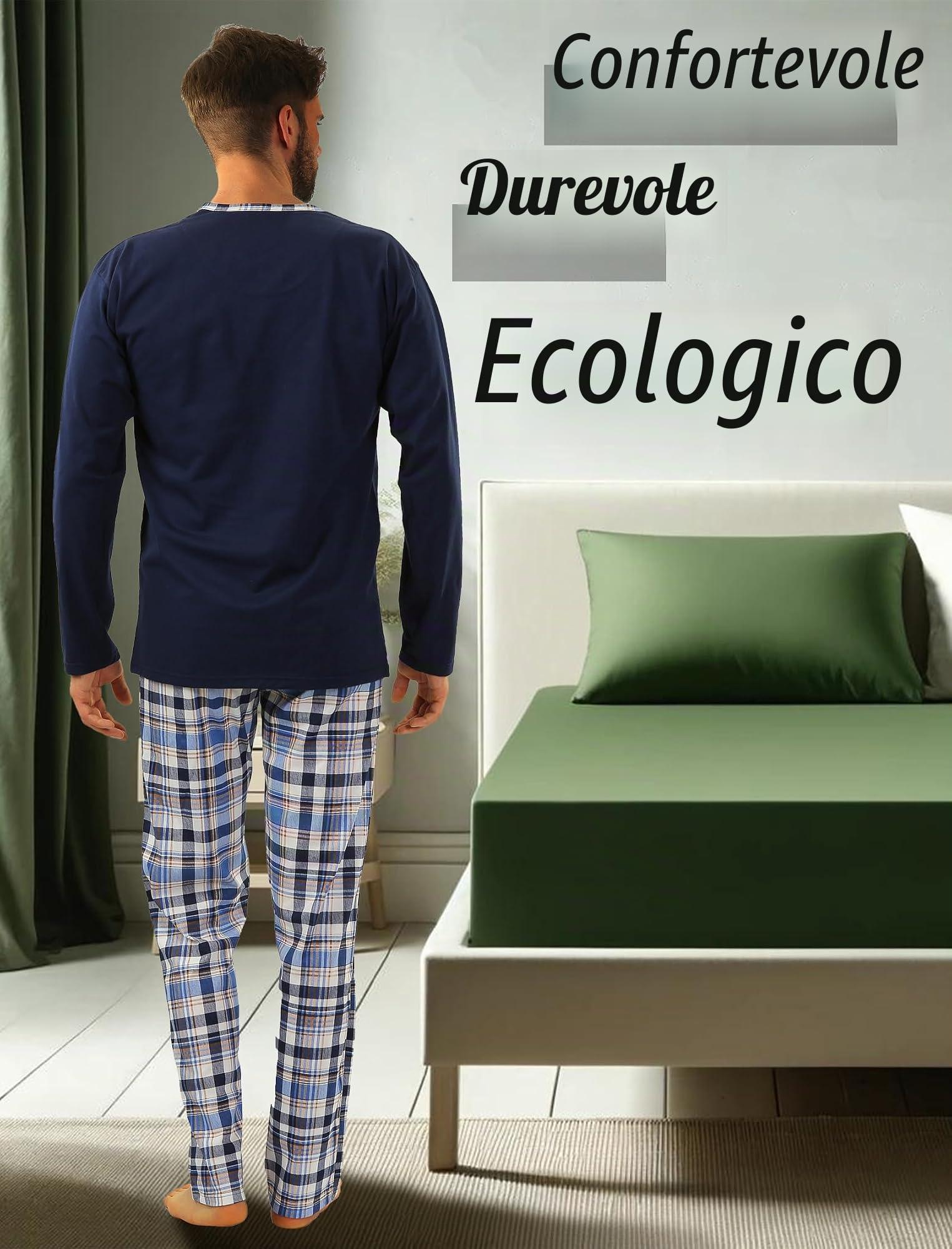 sesto senso Pigiama Uomo Cotone Lungo 100% Cotone Biancheria Invernale da Notte Pigiami Due Pezzi Lingerie Maniche Lunghe Pantaloni Lunghi