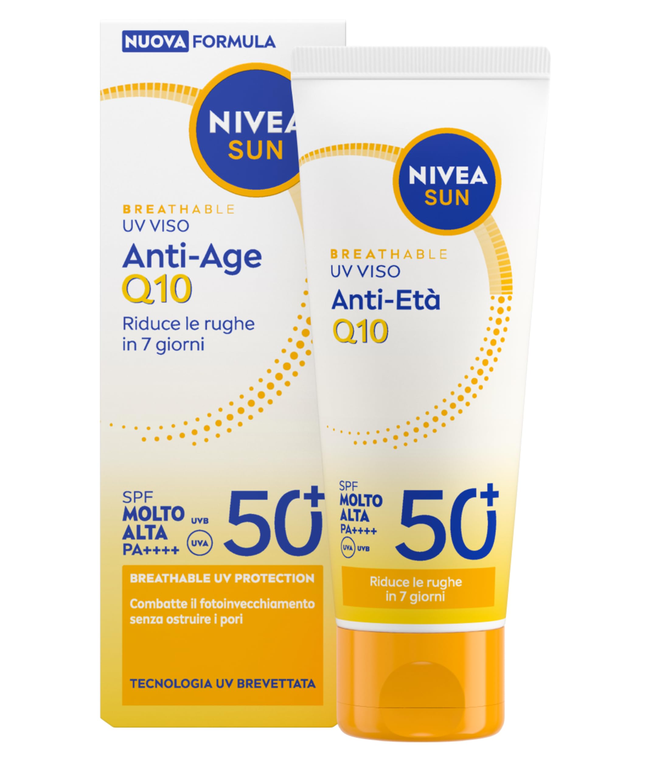 NIVEA SUN Anti-Age Q10 SPF 50+ 40 ml, Crema solare viso antirughe contro il fotoinvecchiamento, Crema viso SPF 50+ con Collagene e Coenzima Q10, Protezione solare ultra leggera, Non comedogena