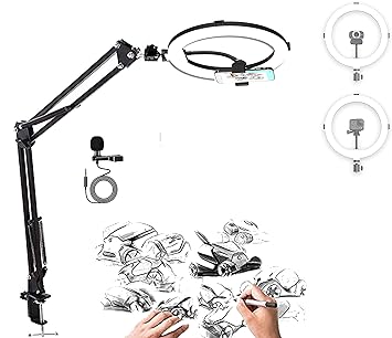 ADZOY Professional Combo of 10 Inch Ring Light, Overhead Suspension Arm Stand & Metal Lapel Collar Microphone for Cell Phone, Baking, Craft, Calligraphy, Drawing, Online Lesson, Video Recording