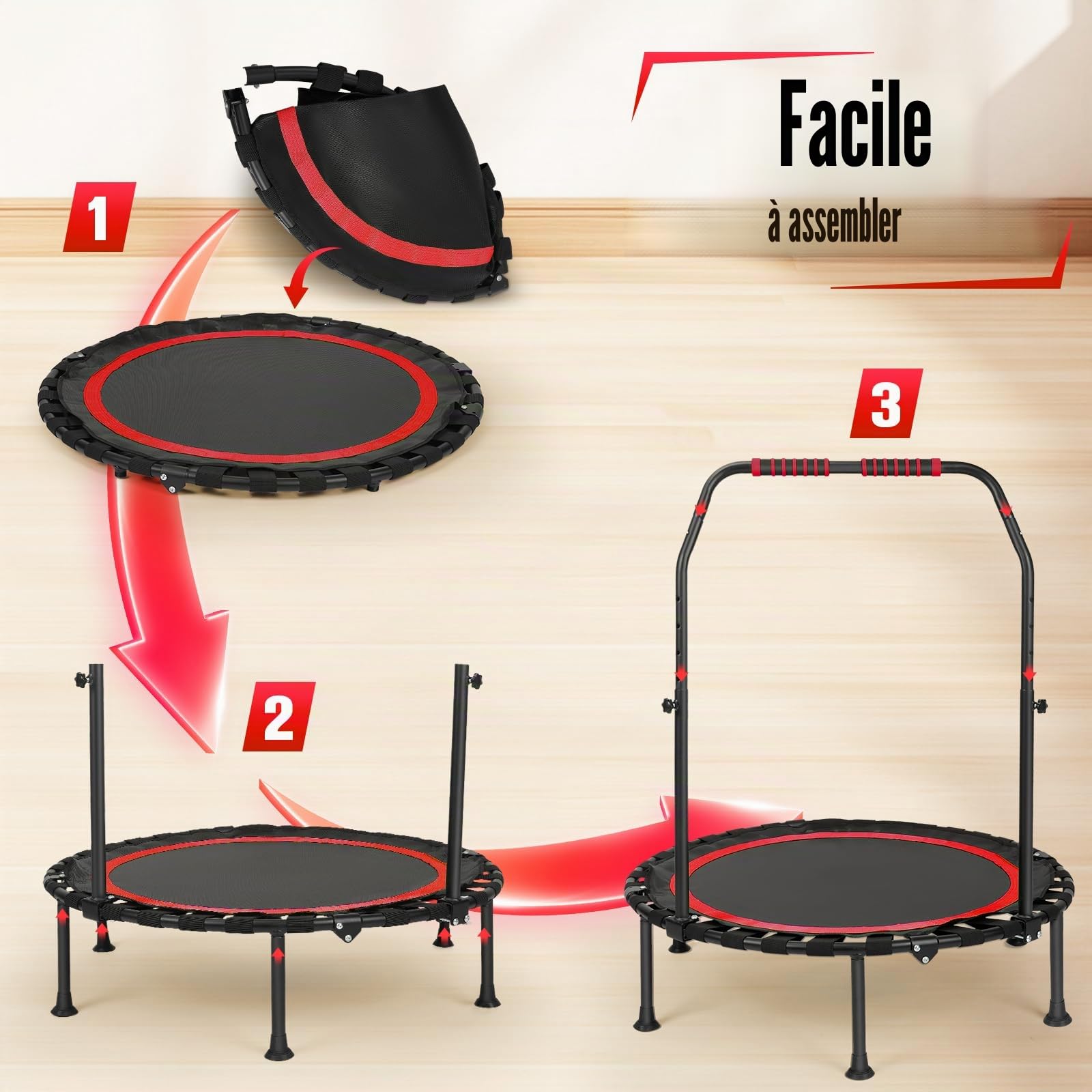 Trampoline d'intérieur fitness pliable sans installation Ø 101 cm Mini trampoline Charge maximale 150 kg Stable et silencieux pour adultes