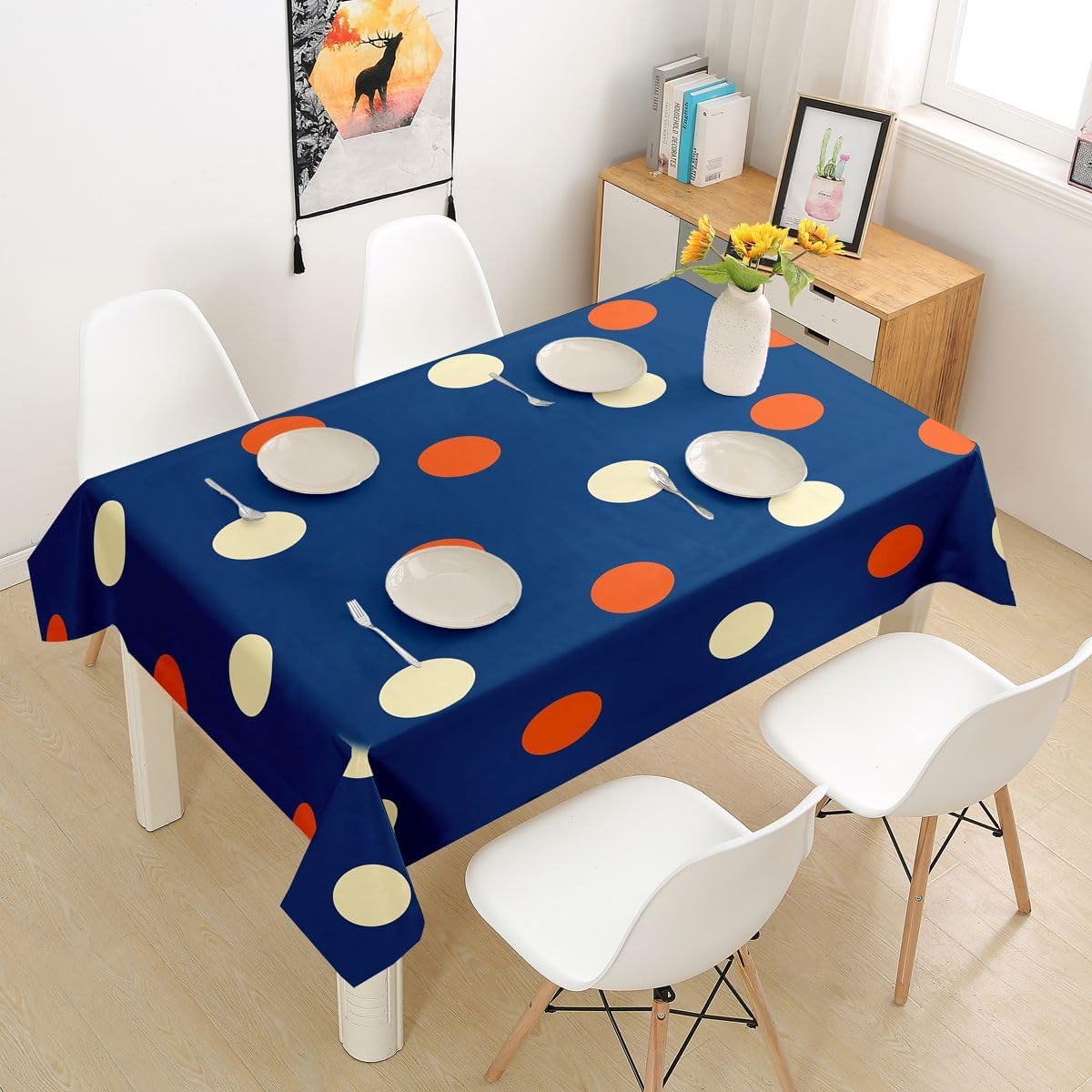 Manfei Polka Dot Tablecloths,Geometric Round Spot Table Cover,Warm Retro Simple Table Cloth,Red Yellow Table Accessories for Kitchen,Round 55" image 4
