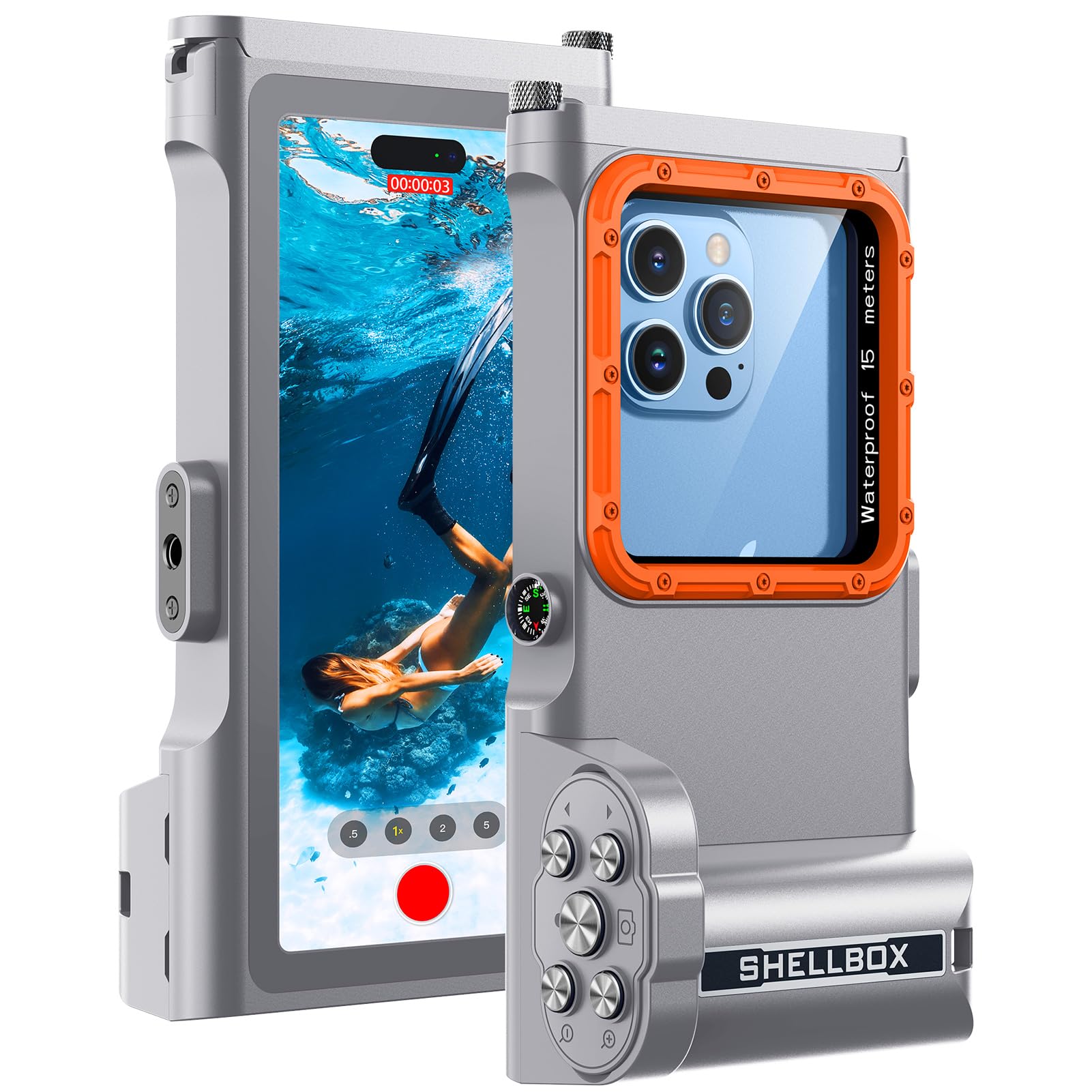Lanhiem Funda Impermeable Profesional subacuática IP68 15M - para teléfonos iPhone, Samsung, Huawei y Xiaomi (hasta 6,9"). Control fotográfico Bluetooth y brújula para Tus Aventuras, Gris